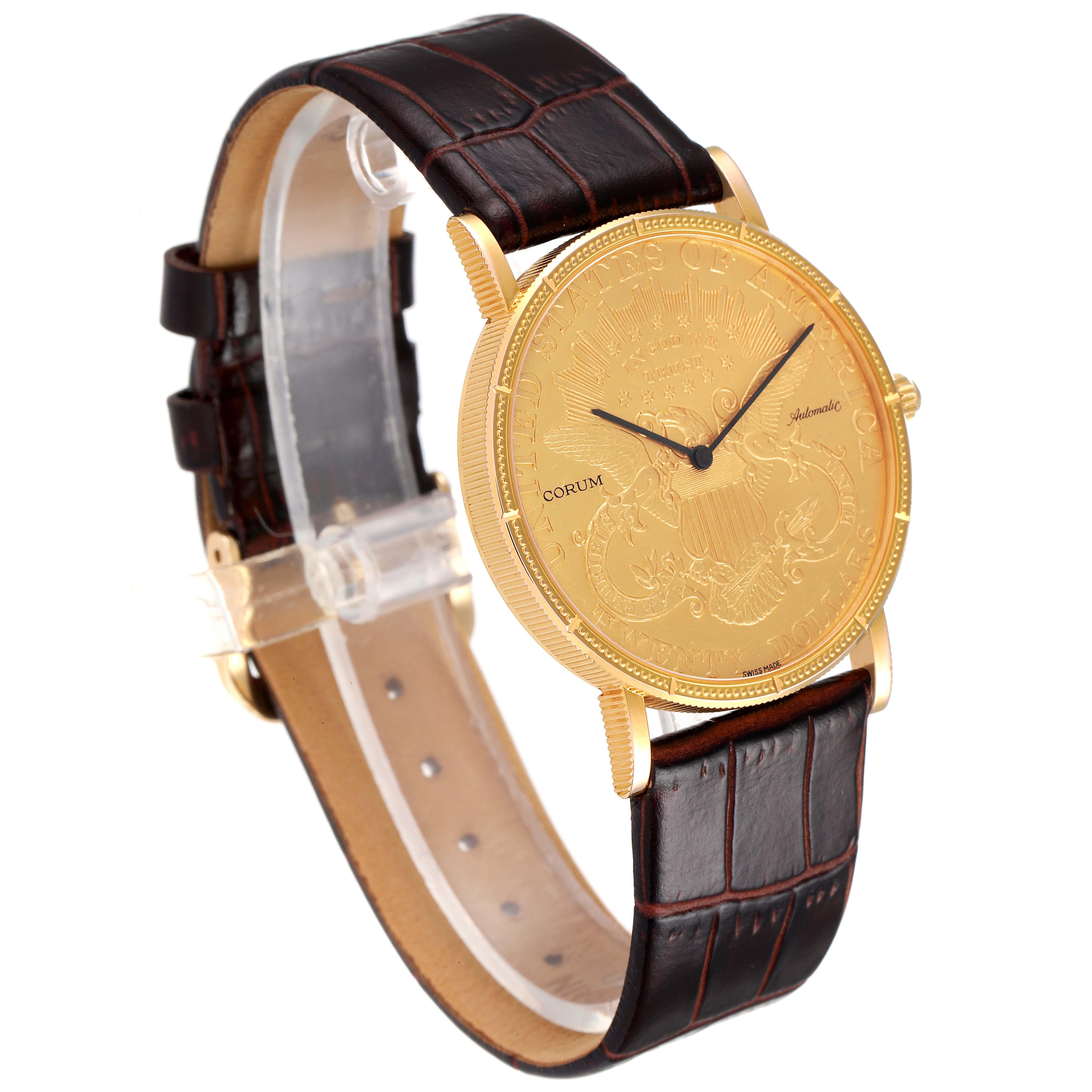 The Corum Coin Watch 1900 Men's Yellow Gold Black Dial 1900 Men's Yellow Gold Black Dial model is shown from an angled side view, featuring its gold coin face and leather strap.