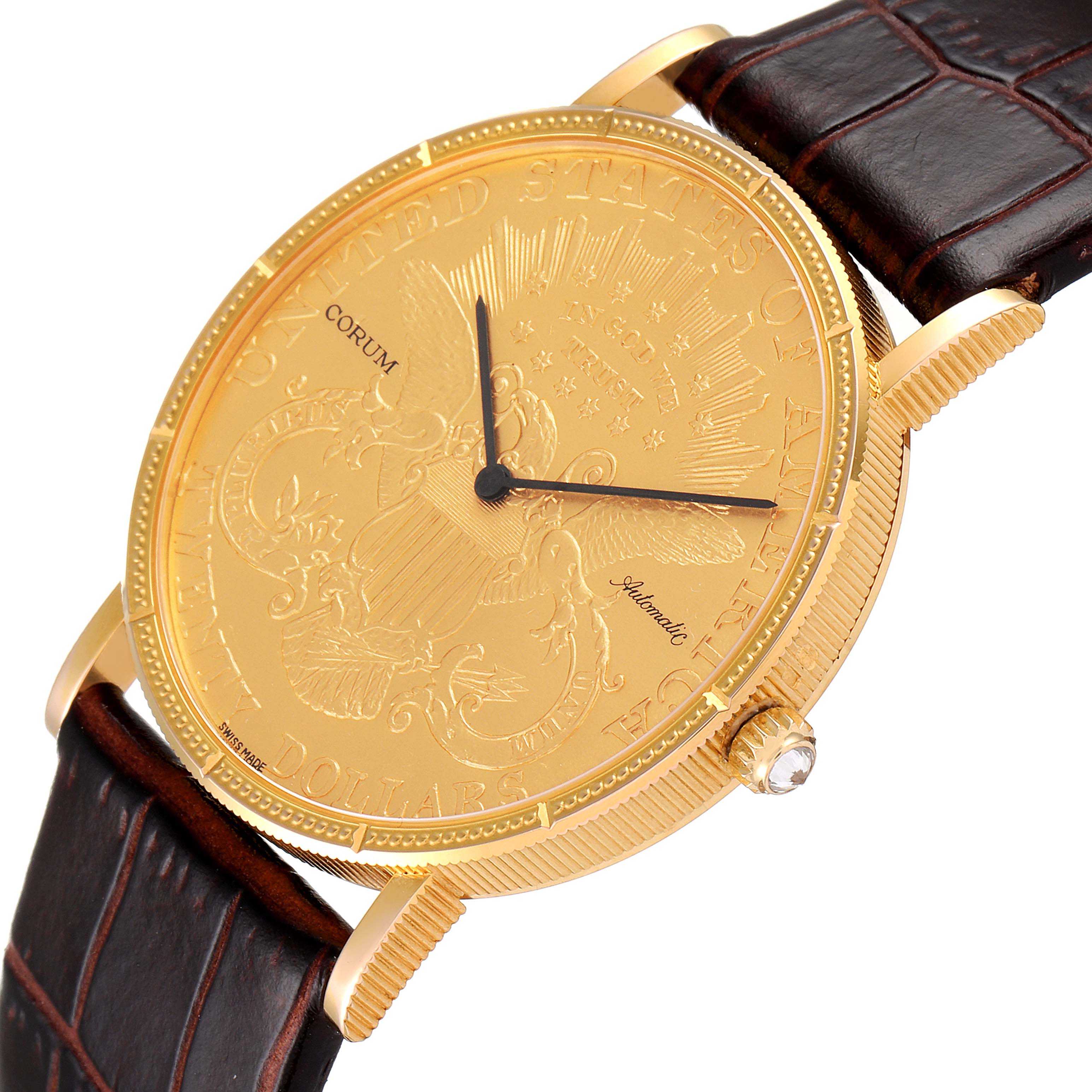 The image shows a close-up view of the Corum Coin Watch 1900 Men's Yellow Gold Black Dial 1900 Men's Yellow Gold Black Dial model, highlighting the gold dial, case, and leather strap.