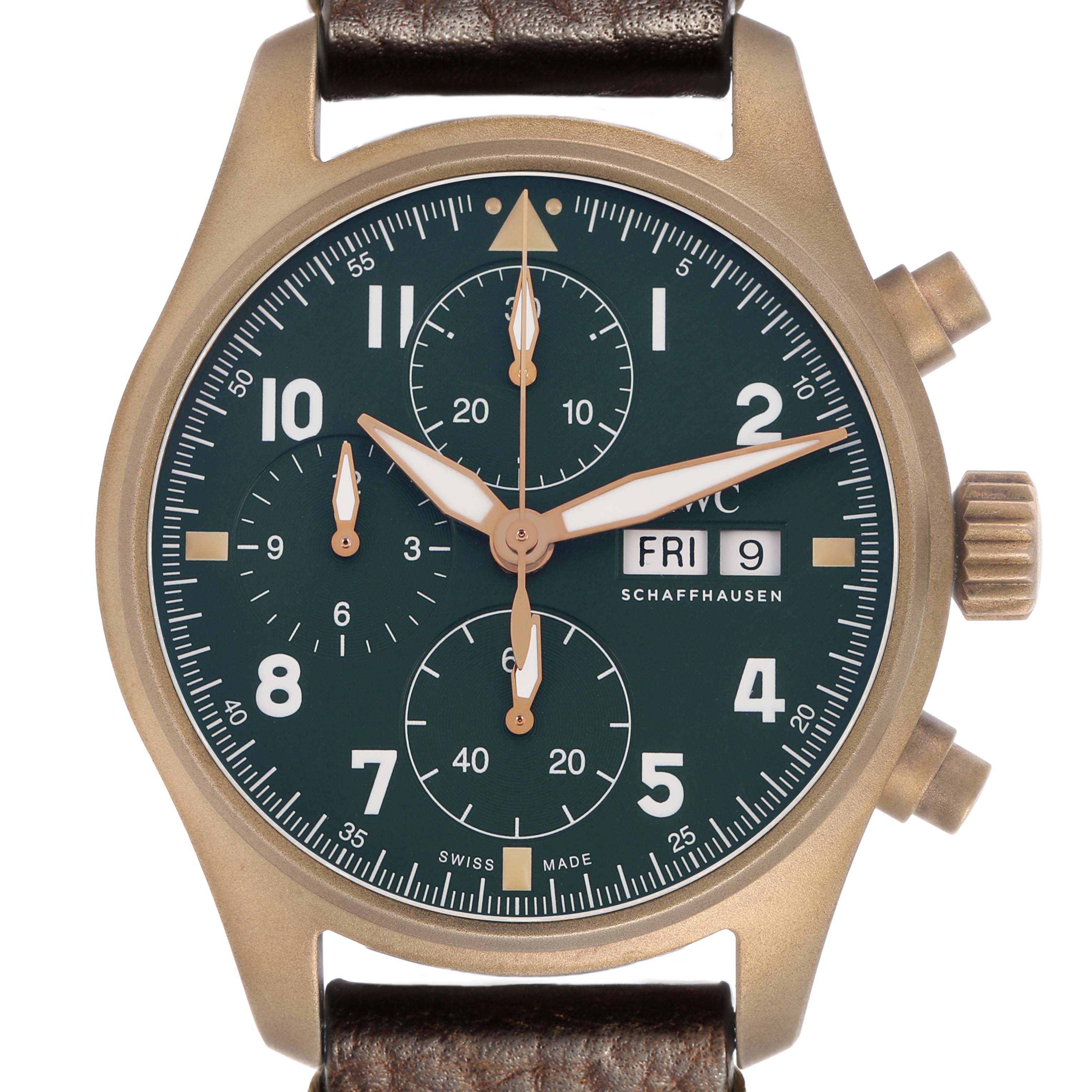 The IWC Pilot IW387902 Men's Bronze Green Dial watch is shown from a front view, displaying its face, chronograph subdials, and a leather strap.