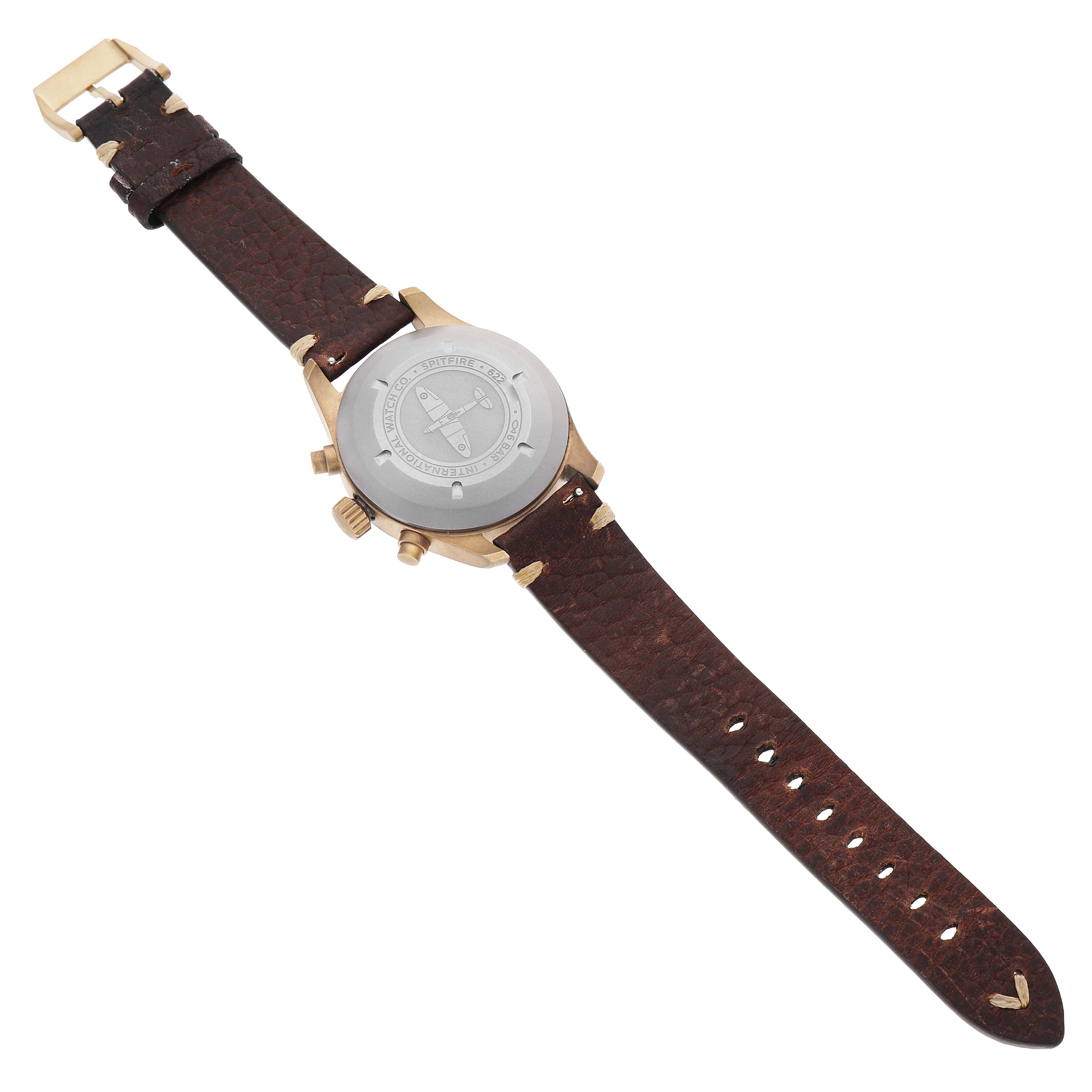 The image shows the back view of an IWC Pilot IW387902 Men's Bronze Green Dial model watch, highlighting the caseback, strap, and buckle.