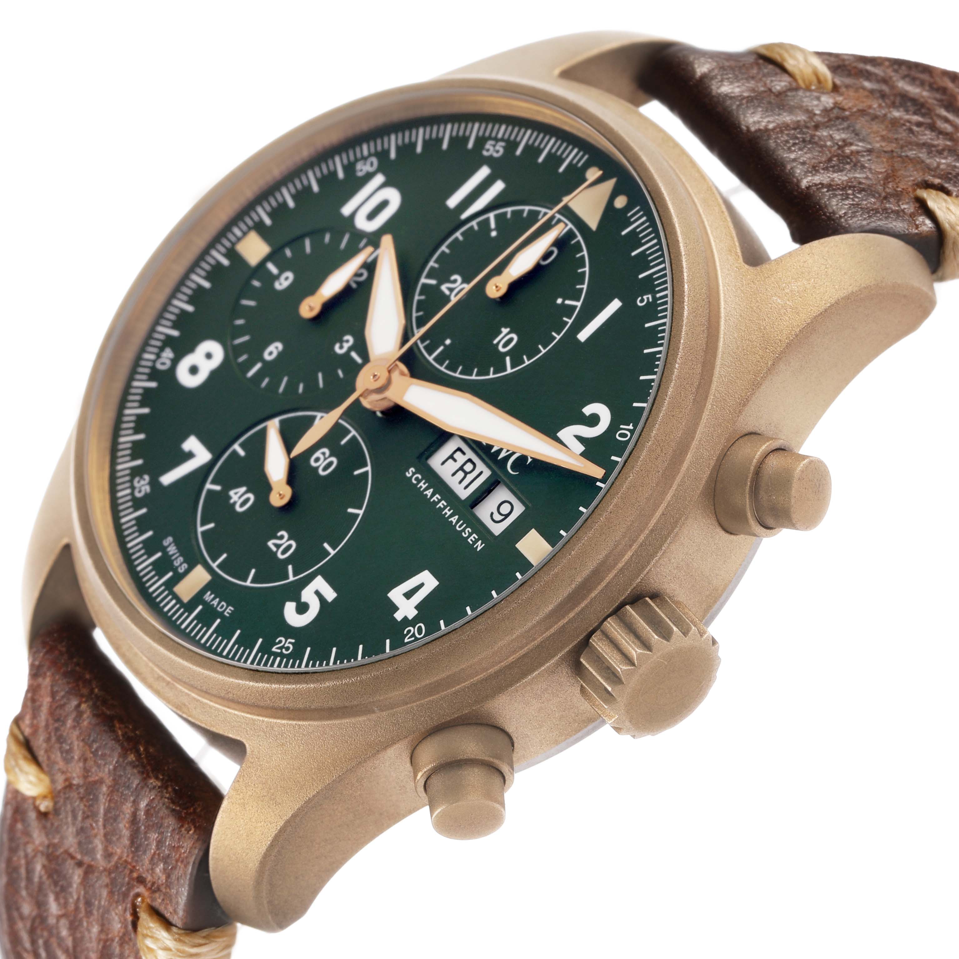 The IWC Pilot IW387902 Men's Bronze Green Dial model watch is shown at an angled side view, highlighting the green dial, chronograph subdials, and crown details.