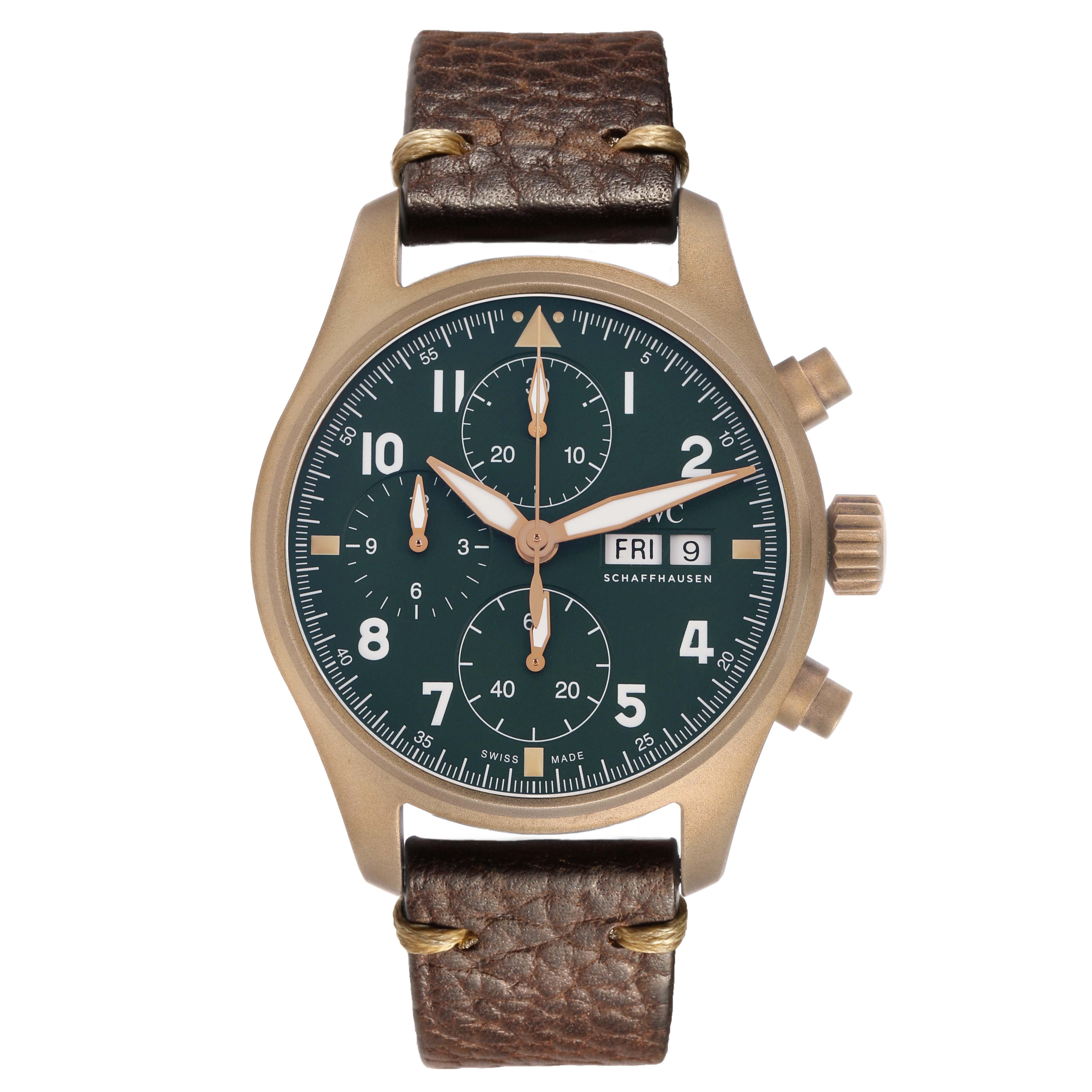 The IWC Pilot IW387902 Men's Bronze Green Dial watch is shown from a top view, highlighting the face, chronograph dials, and brown leather strap.