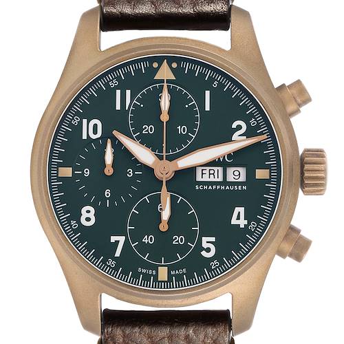 The IWC Pilot IW387902 Men's Bronze Green Dial model watch is shown from the front, displaying the face, subdials, crown, and the top of the leather strap.