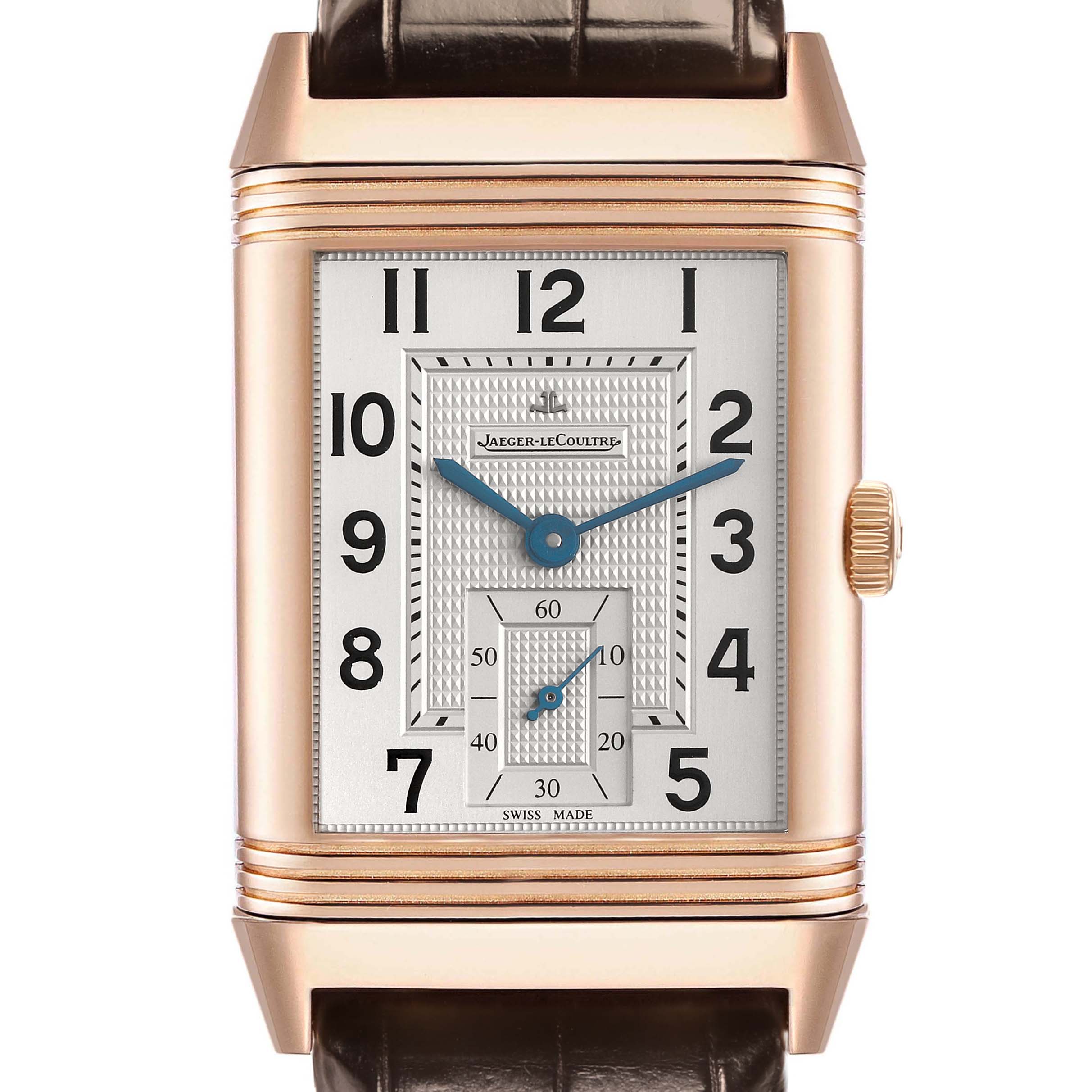 The image shows a front view of the Jaeger-LeCoultre Reverso Q3732420 men
s watch, featuring a rectangular dial and visible side crown.