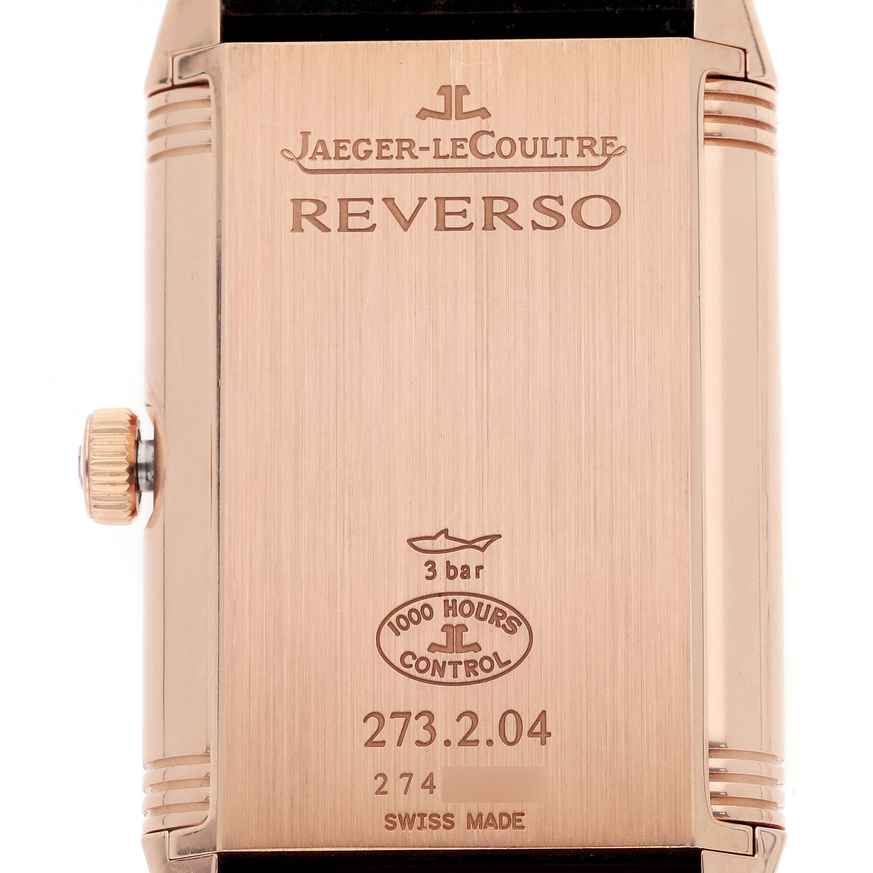 The image shows the back of the Jaeger-LeCoultre Reverso model Q3732420, highlighting inscriptions and the crown on the side.
