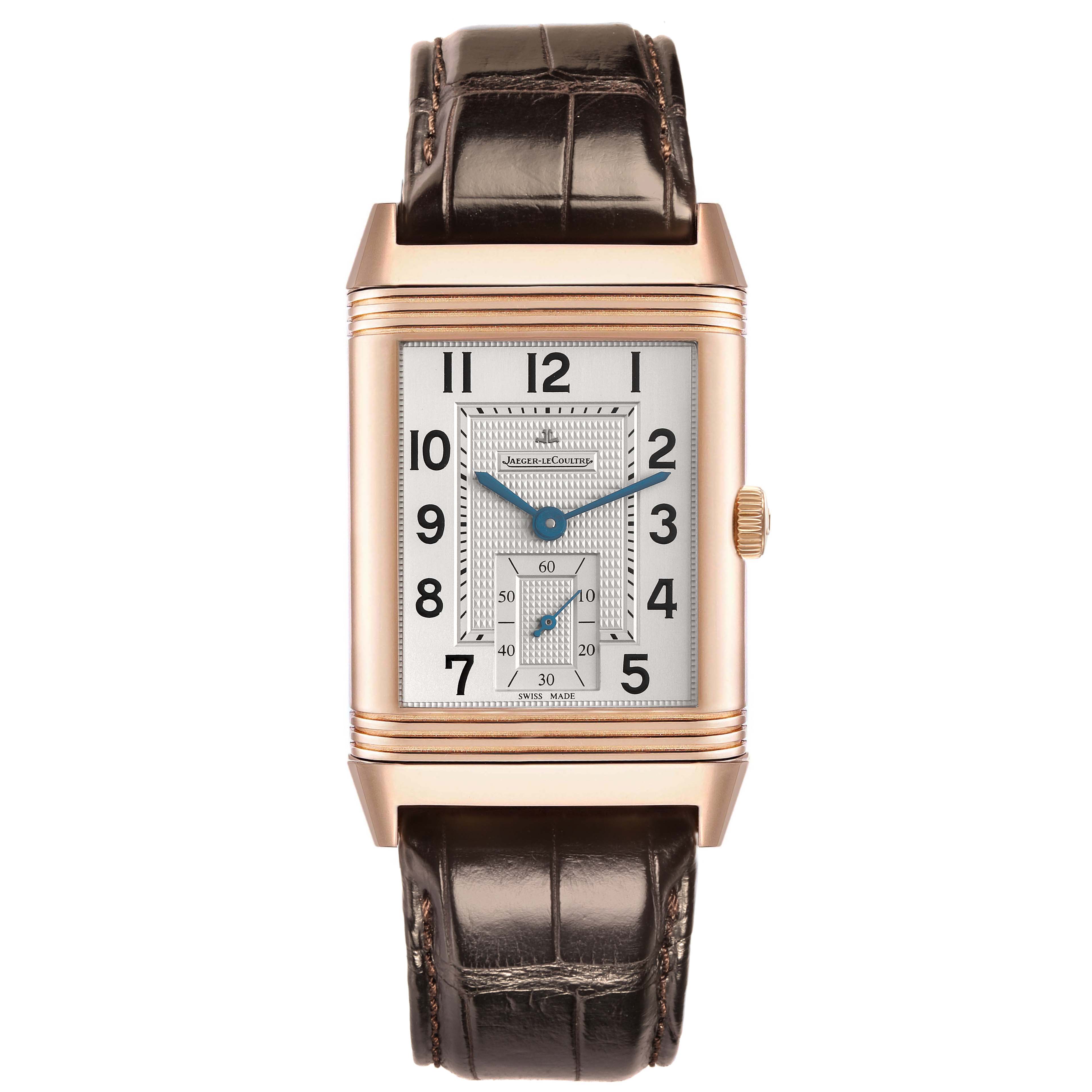 The image shows a frontal view of the Jaeger-LeCoultre Reverso model Q3732420 men
s watch, highlighting its rectangular face, dial, hands, and leather strap.