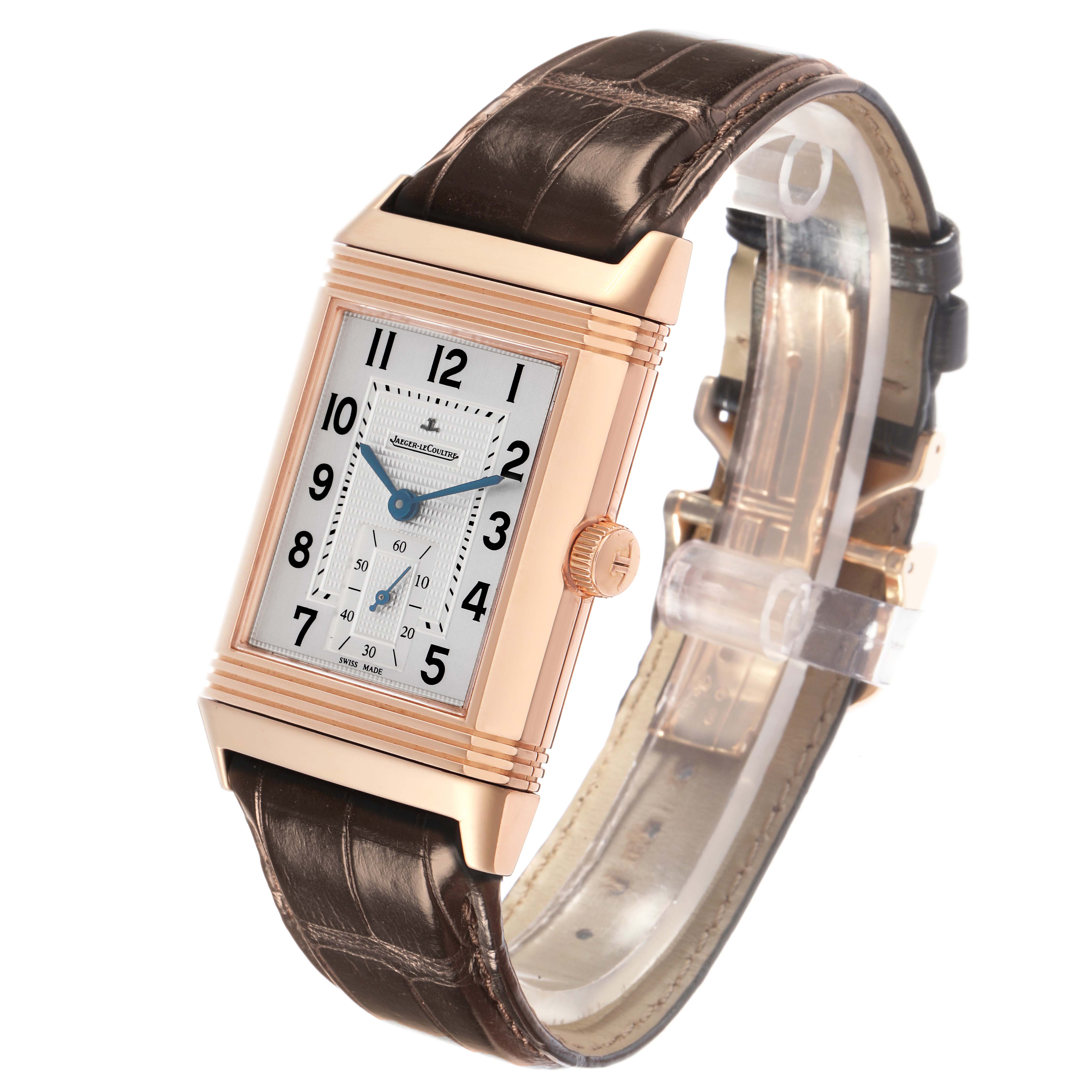 The Jaeger LeCoultre Reverso Men
s watch, model Q3732420, is shown at a side angle highlighting the rectangular dial, crown, and brown leather strap.
