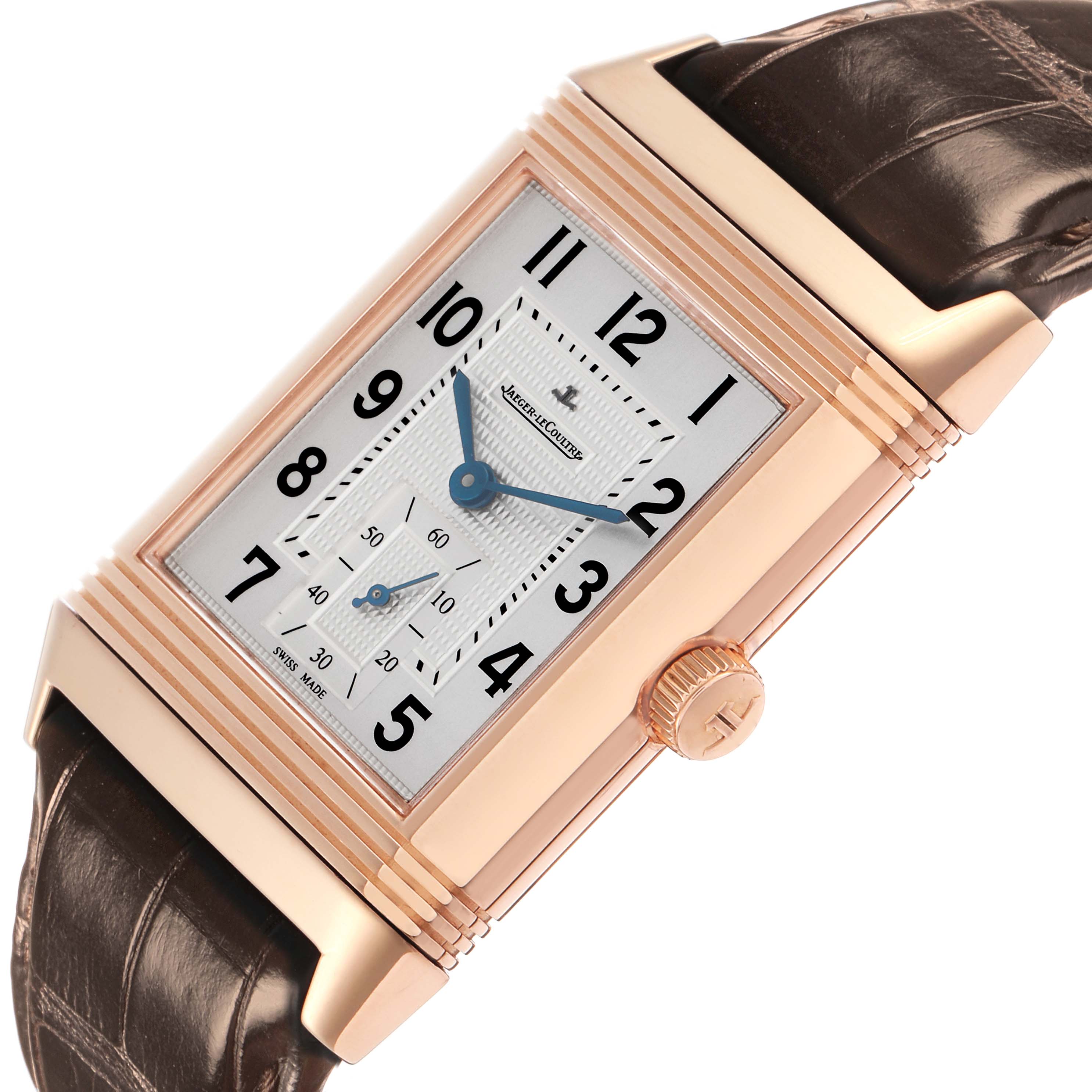 The Jaeger LeCoultre Reverso Q3732420 watch is shown at a slight angle, featuring the dial, crown, and part of the leather strap.