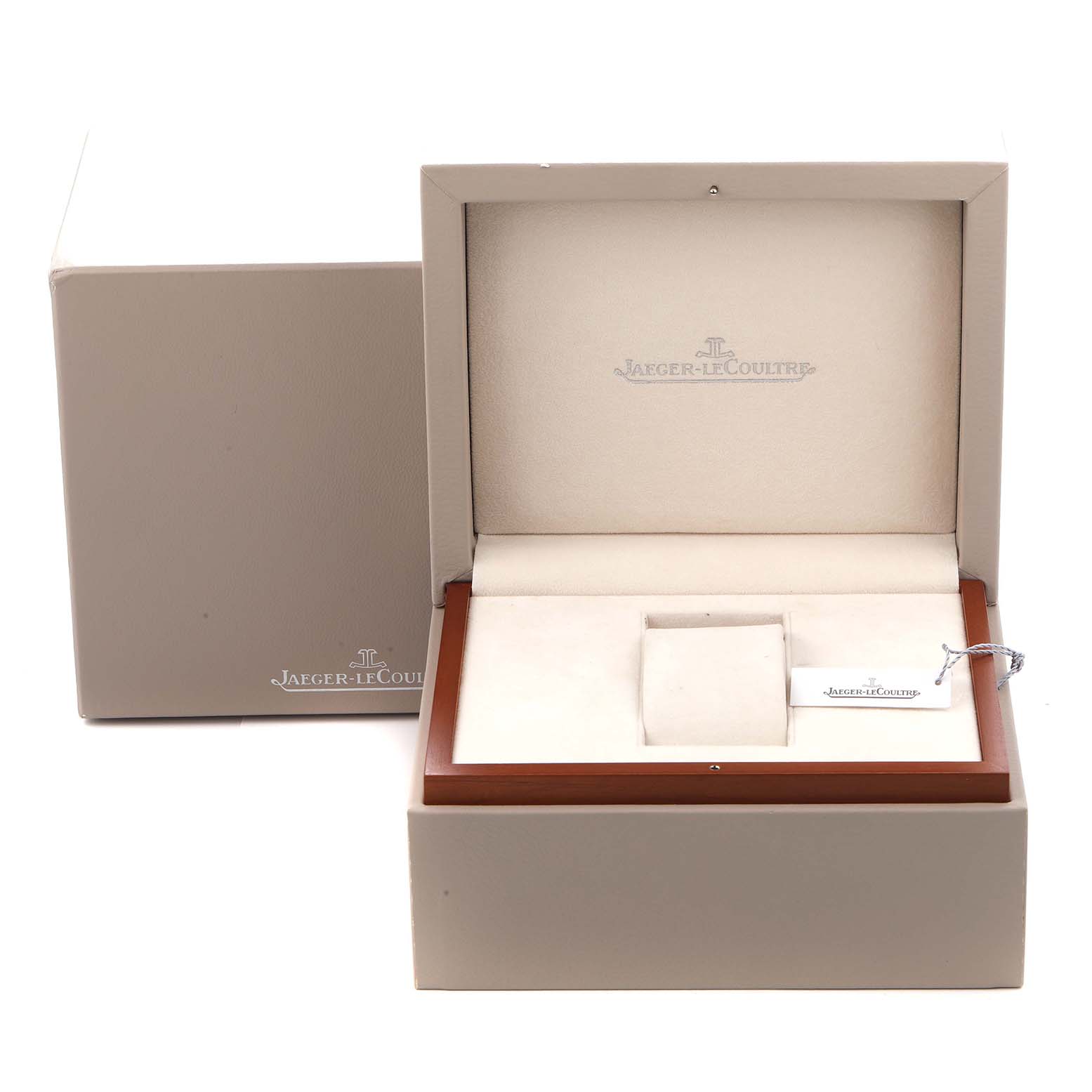The image shows the open box of a Jaeger LeCoultre Reverso model Q3732420 men
s watch, featuring the interior padding and brand logo.