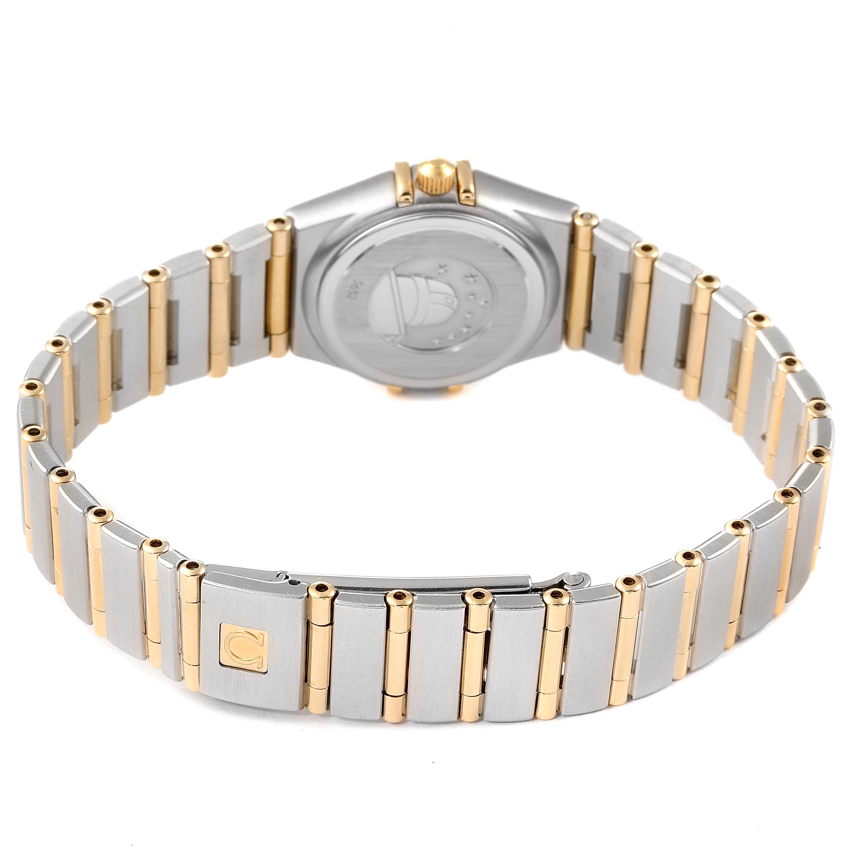 This image shows the back and bracelet of the Omega 1267.75.00 Women's Steel and Gold (two tone) Mother of Pearl Dial 1267.75.00 Women's Steel and Gold (two tone) Mother of Pearl Dial Constellation 95 Mother of Pearl Diamond Watch 1267.75.00.