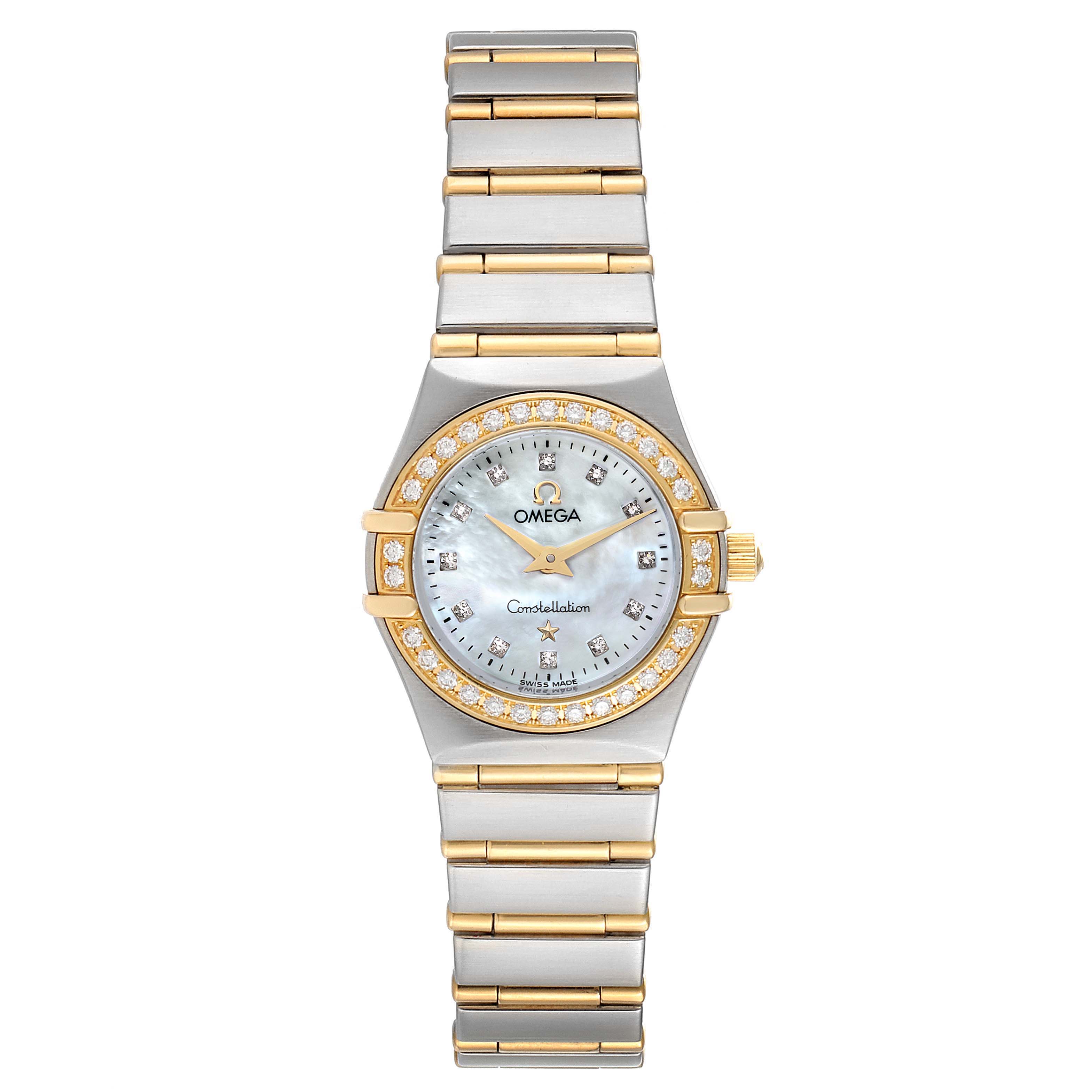 The image shows a front view of the Omega 1267.75.00 Women's Steel and Gold (two tone) Mother of Pearl Dial 1267.75.00 Women's Steel and Gold (two tone) Mother of Pearl Dial Constellation 95 Mother of Pearl Diamond Watch 1267.75.00, displaying the dial and bracelet.
