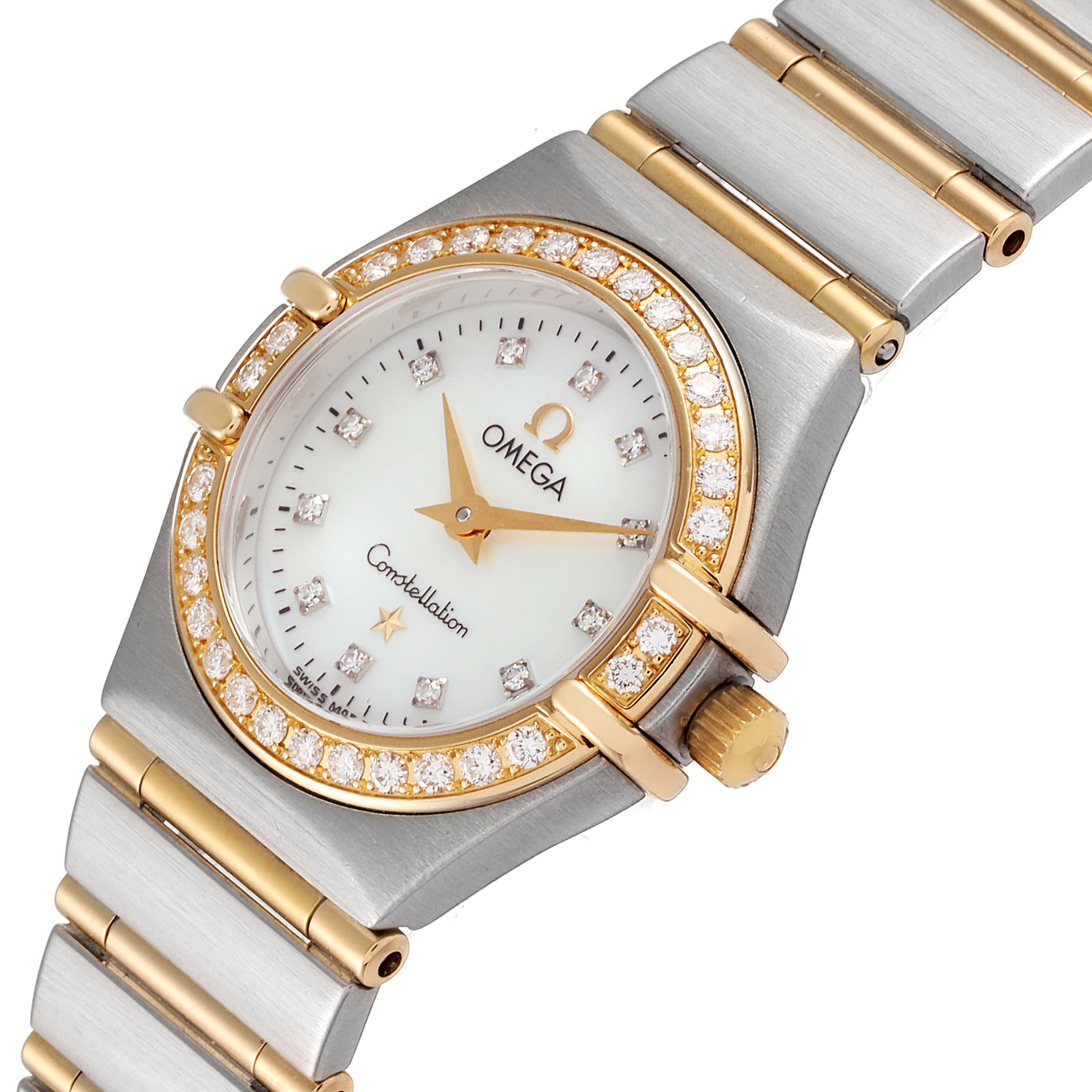 The image shows a close-up angle of the Omega 1267.75.00 Women's Steel and Gold (two tone) Mother of Pearl Dial 1267.75.00 Women's Steel and Gold (two tone) Mother of Pearl Dial Constellation 95 Mother of Pearl Diamond Watch 1267.75.00, highlighting the face, bezel, and part of the bracelet.