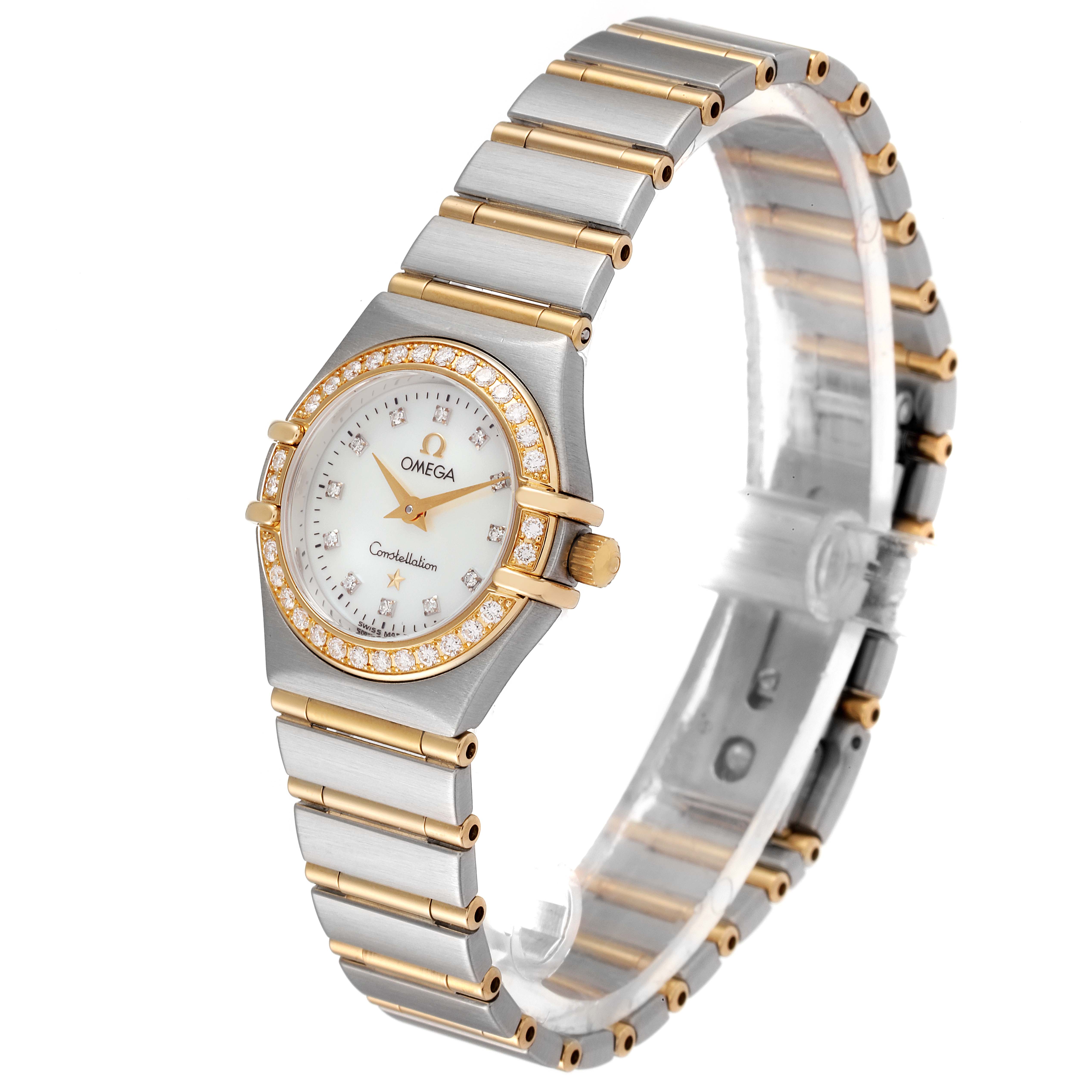 The Omega 1267.75.00 Women's Steel and Gold (two tone) Mother of Pearl Dial 1267.75.00 Women's Steel and Gold (two tone) Mother of Pearl Dial Constellation 95 Mother of Pearl Diamond Watch 1267.75.00 is shown at a slight angle, highlighting its face, bracelet, and bezel.