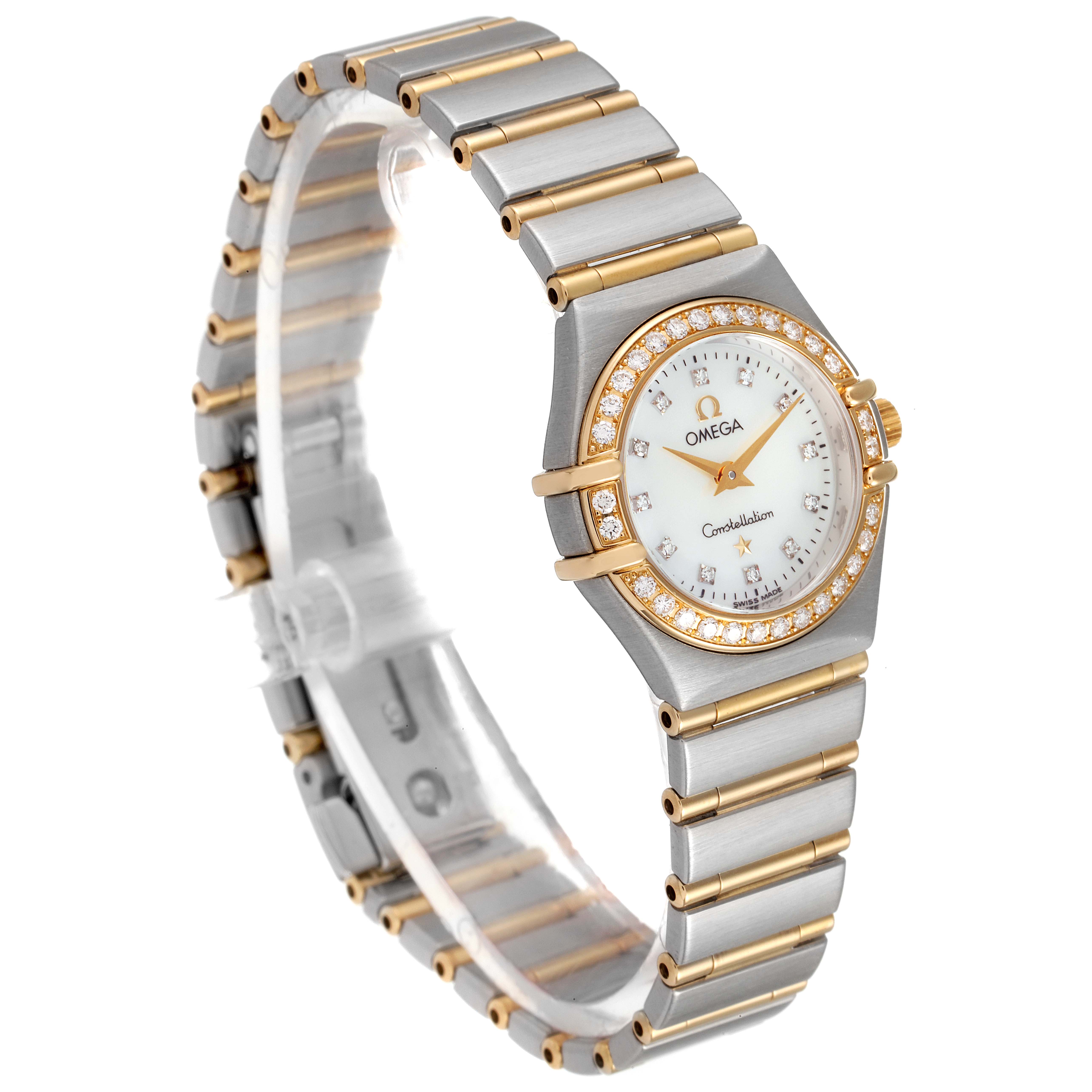 The image shows an angled front and partial side view of the Omega 1267.75.00 Women's Steel and Gold (two tone) Mother of Pearl Dial 1267.75.00 Women's Steel and Gold (two tone) Mother of Pearl Dial Constellation 95 Mother of Pearl Diamond Watch 1267.75.00.