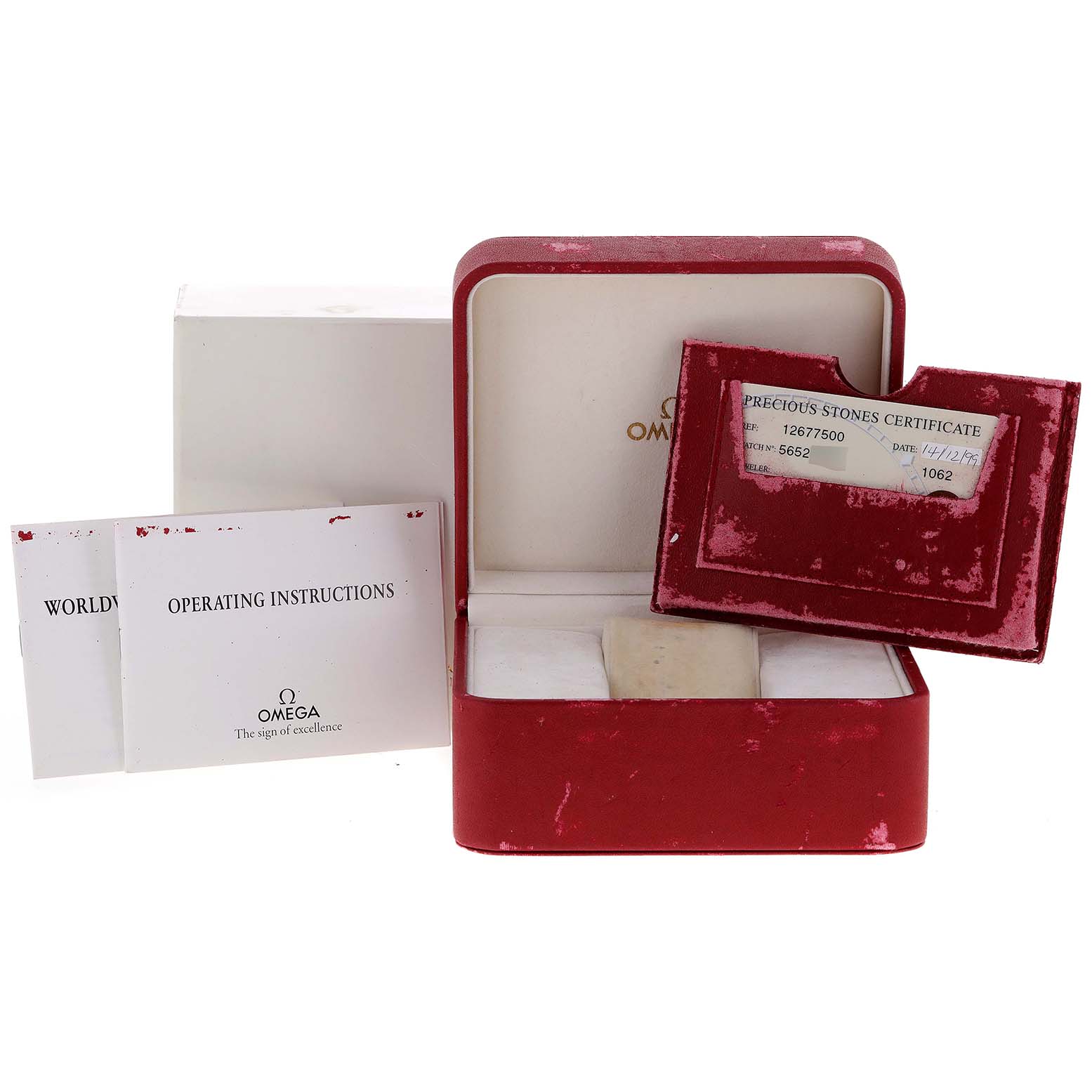 The image shows a red box, certificate holder, and documentation for the Omega 1267.75.00 Women's Steel and Gold (two tone) Mother of Pearl Dial 1267.75.00 Women's Steel and Gold (two tone) Mother of Pearl Dial Constellation 95 Mother of Pearl Diamond Watch model 1267.75.00.