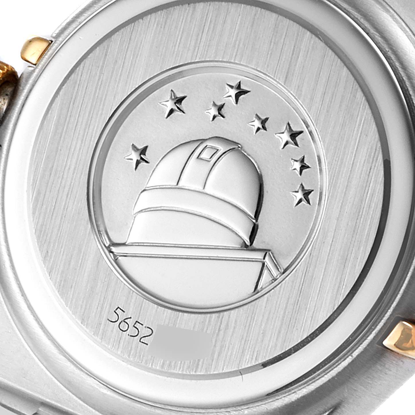 This image shows the back of the Omega 1267.75.00 Women's Steel and Gold (two tone) Mother of Pearl Dial 1267.75.00 Women's Steel and Gold (two tone) Mother of Pearl Dial Constellation 95 Mother of Pearl Diamond Watch 1267.75.00, featuring an observatory engraving.