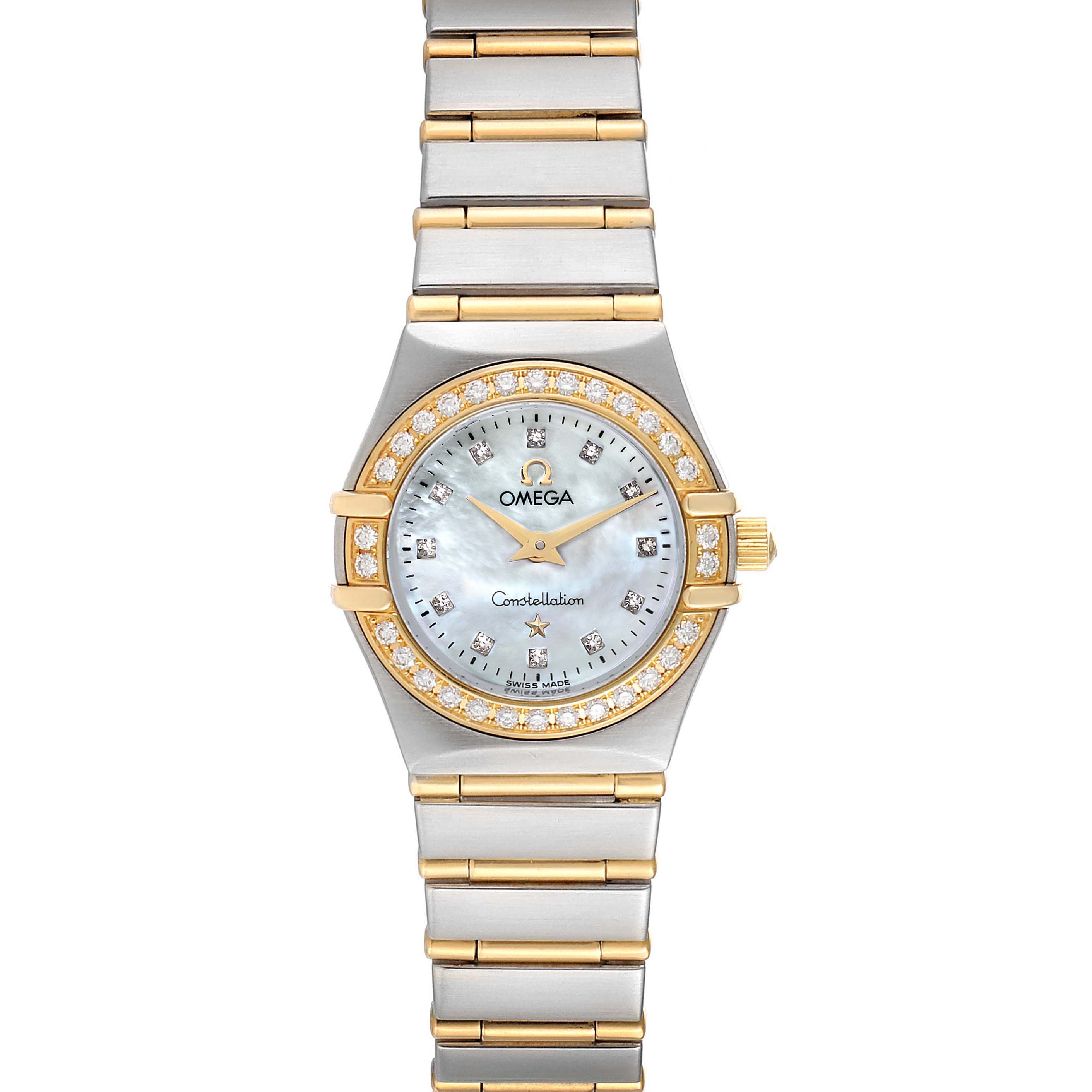 The Omega 1267.75.00 Women's Steel and Gold (two tone) Mother of Pearl Dial 1267.75.00 Women's Steel and Gold (two tone) Mother of Pearl Dial Constellation 95 Mother of Pearl Diamond Watch 1267.75.00 is shown from the front, displaying its dial, bezel, and bracelet.