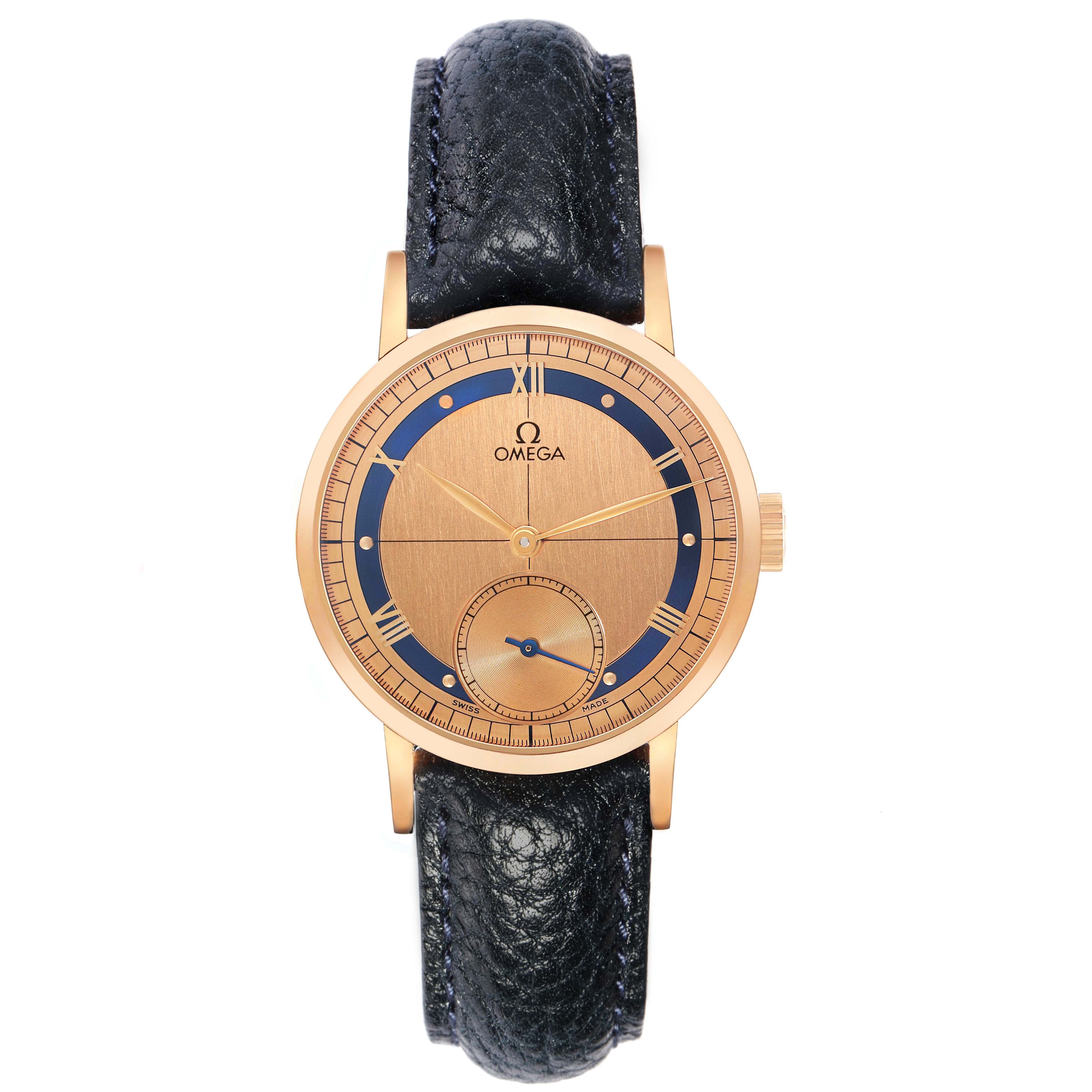 The Omega Museum model 5950.31.03 is shown from a top-down angle, displaying its face, bezel, and leather strap.