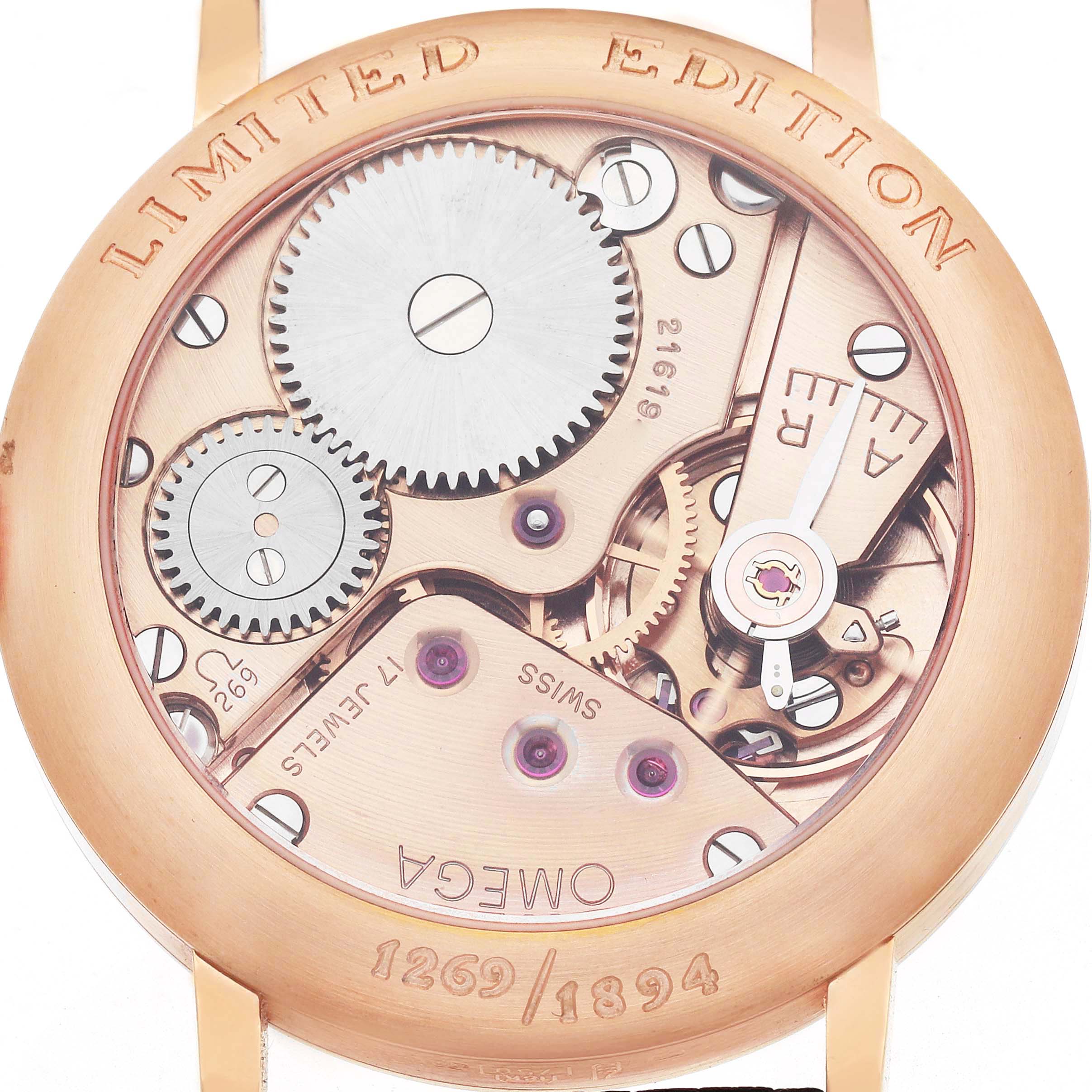 The image shows the back view of the Omega Museum model 5950.31.03, highlighting the intricate mechanics and gears with "Limited Edition" engraved on the case.