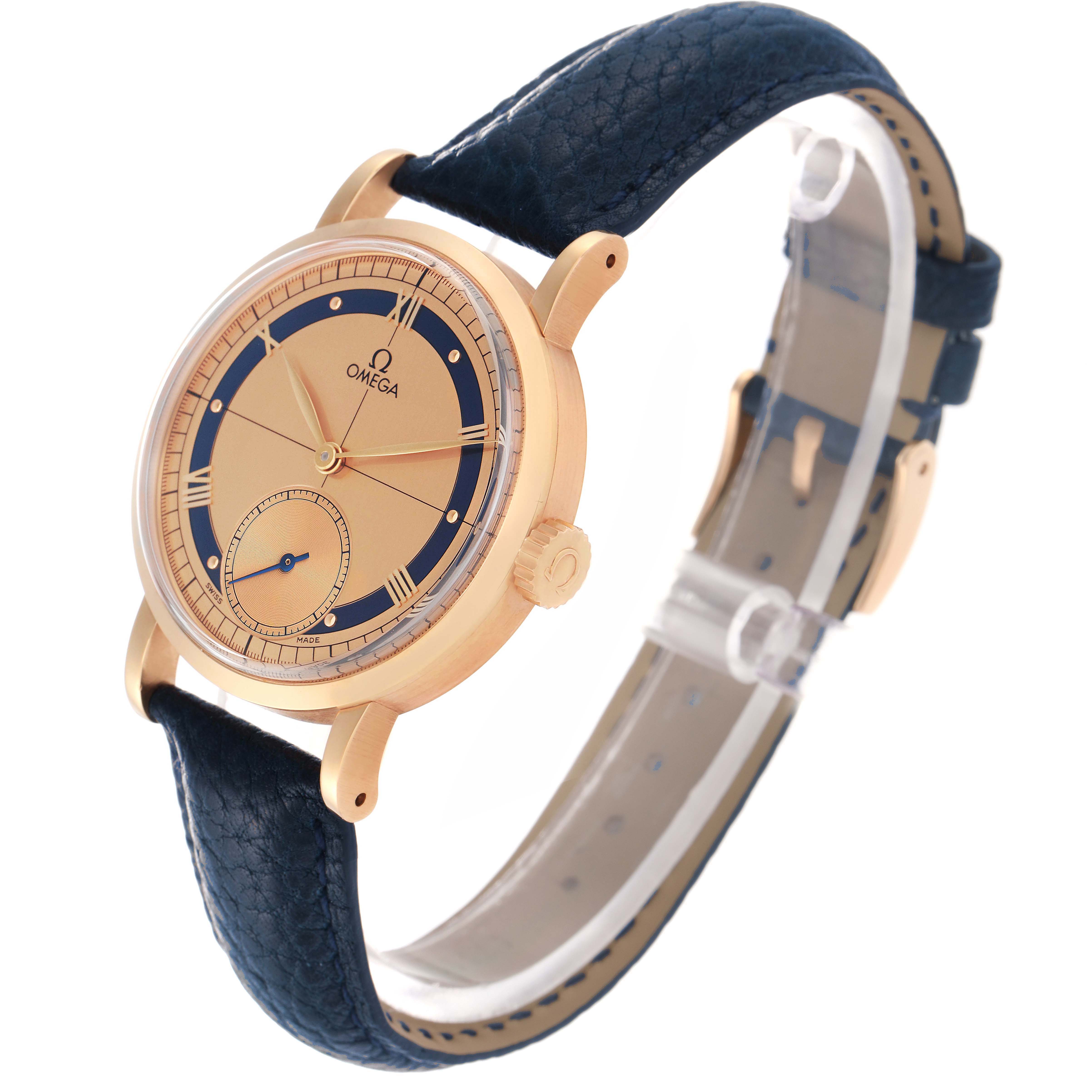 The Omega Museum model 5950.31.03 men's watch is shown at an angled side view, highlighting its gold case, dial, leather strap, and crown.