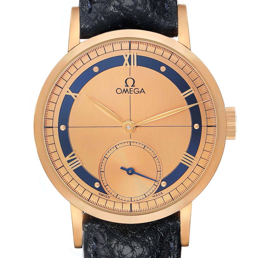 The Omega Museum model 5950.31.03 men's watch is shown from the front, highlighting its gold-tone case and black leather strap.