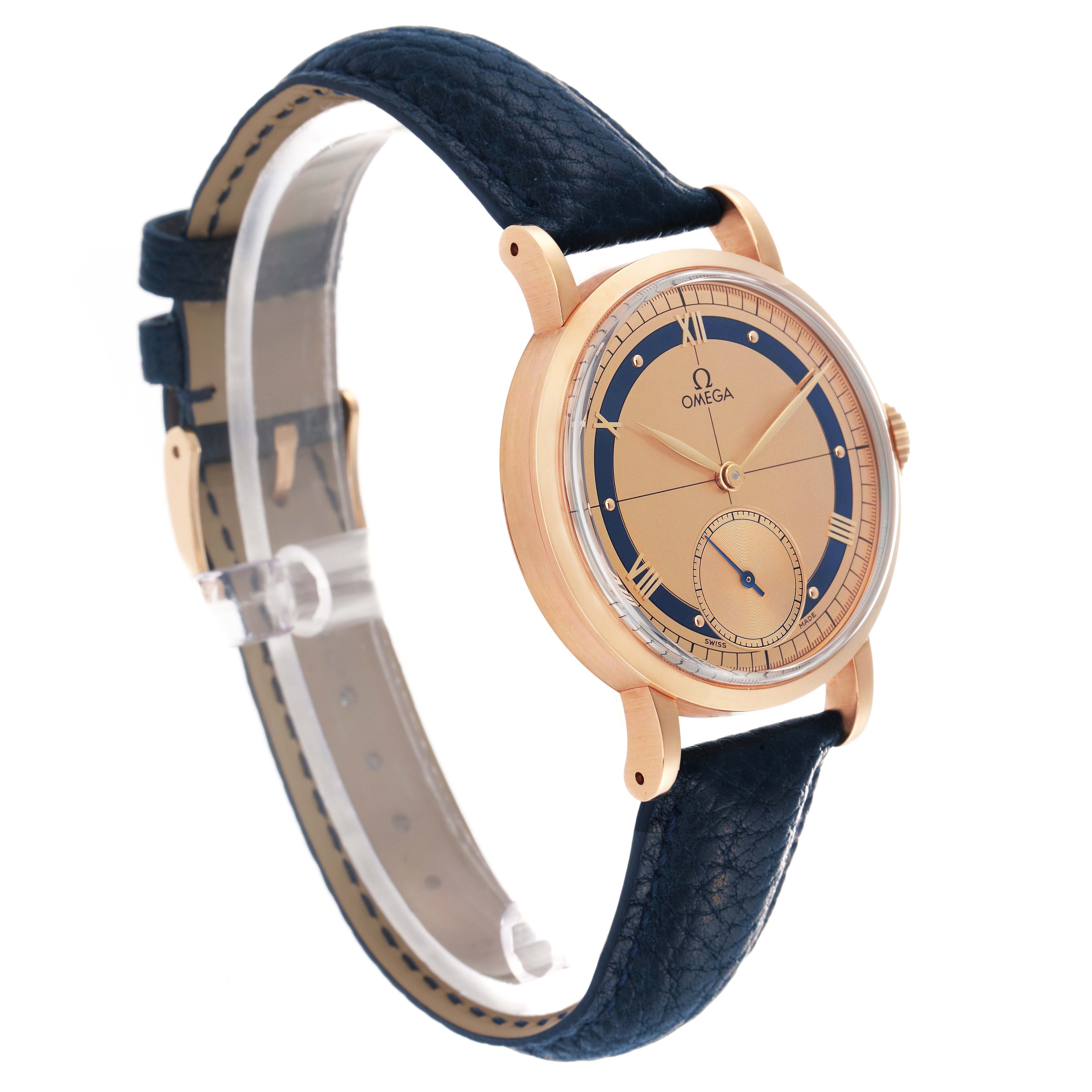 The Omega Museum model 5950.31.03 is shown at a three-quarter angle, highlighting the face, case, lugs, and strap.