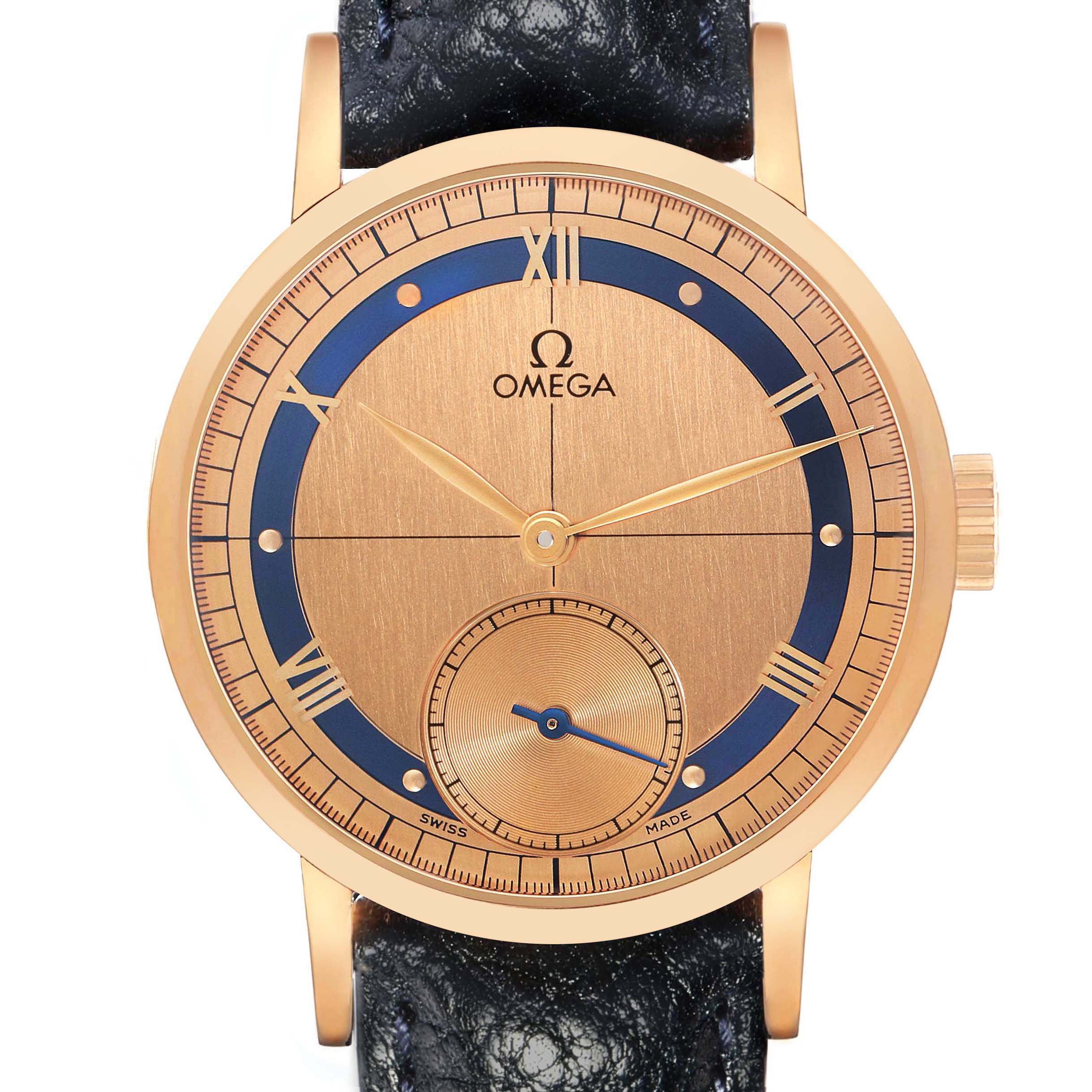 The Omega Museum model 5950.31.03 is shown from a front angle, highlighting the dial, hands, Roman numerals, and part of the strap.