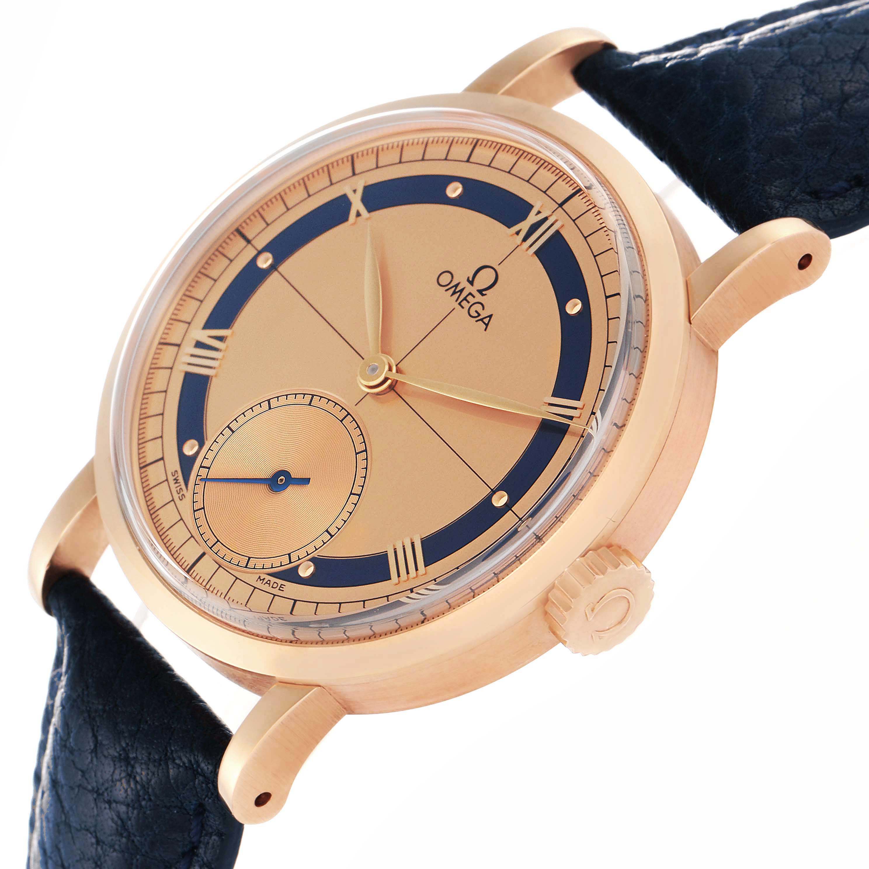 The Omega Museum model 5950.31.03 men's watch is shown at a slight angle, highlighting the dial, bezel, crown, and part of the leather strap.