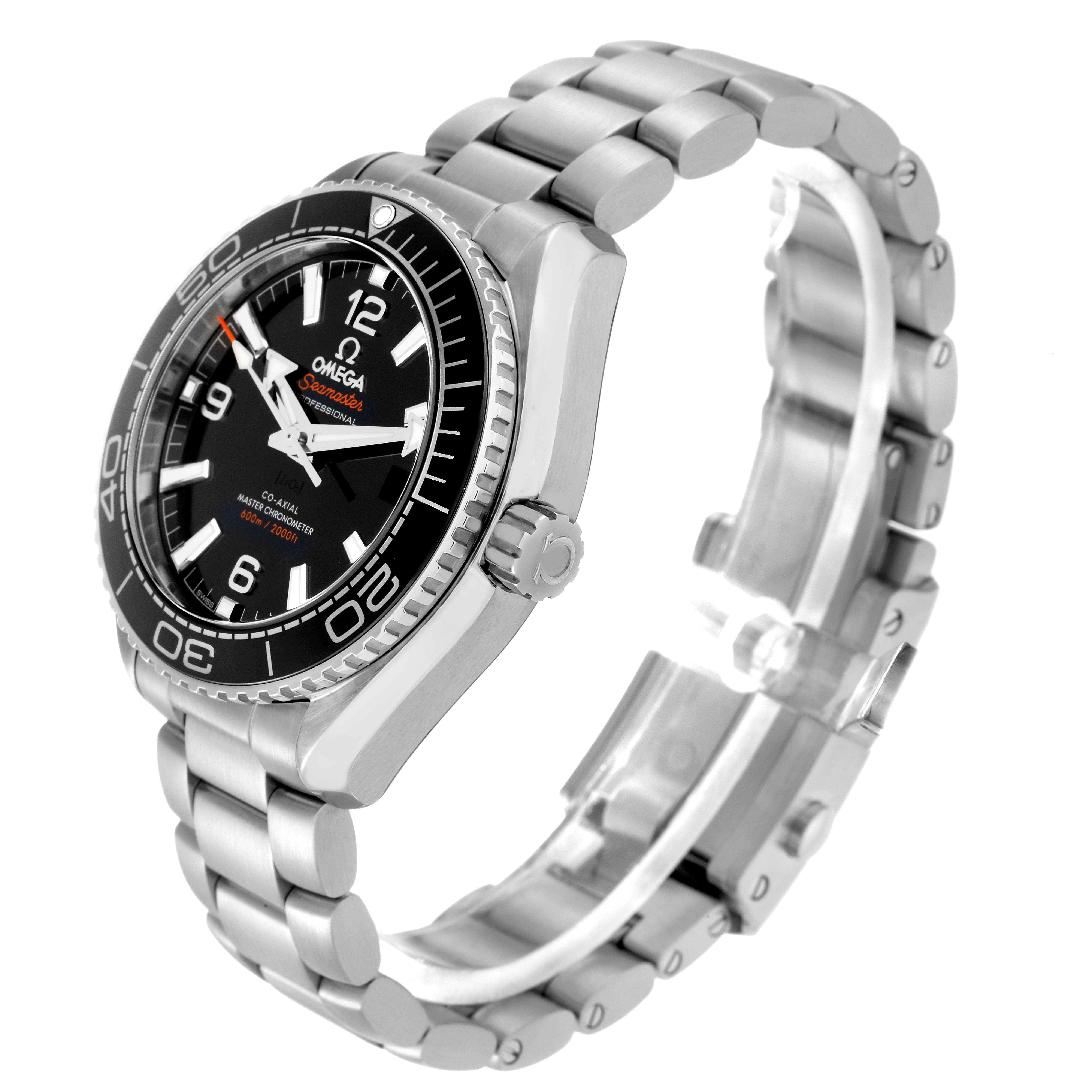 The image shows an Omega Planet Ocean model 215.30.40.20.01.001 men's watch at an angled side view, highlighting the bracelet, case, bezel, and crown.