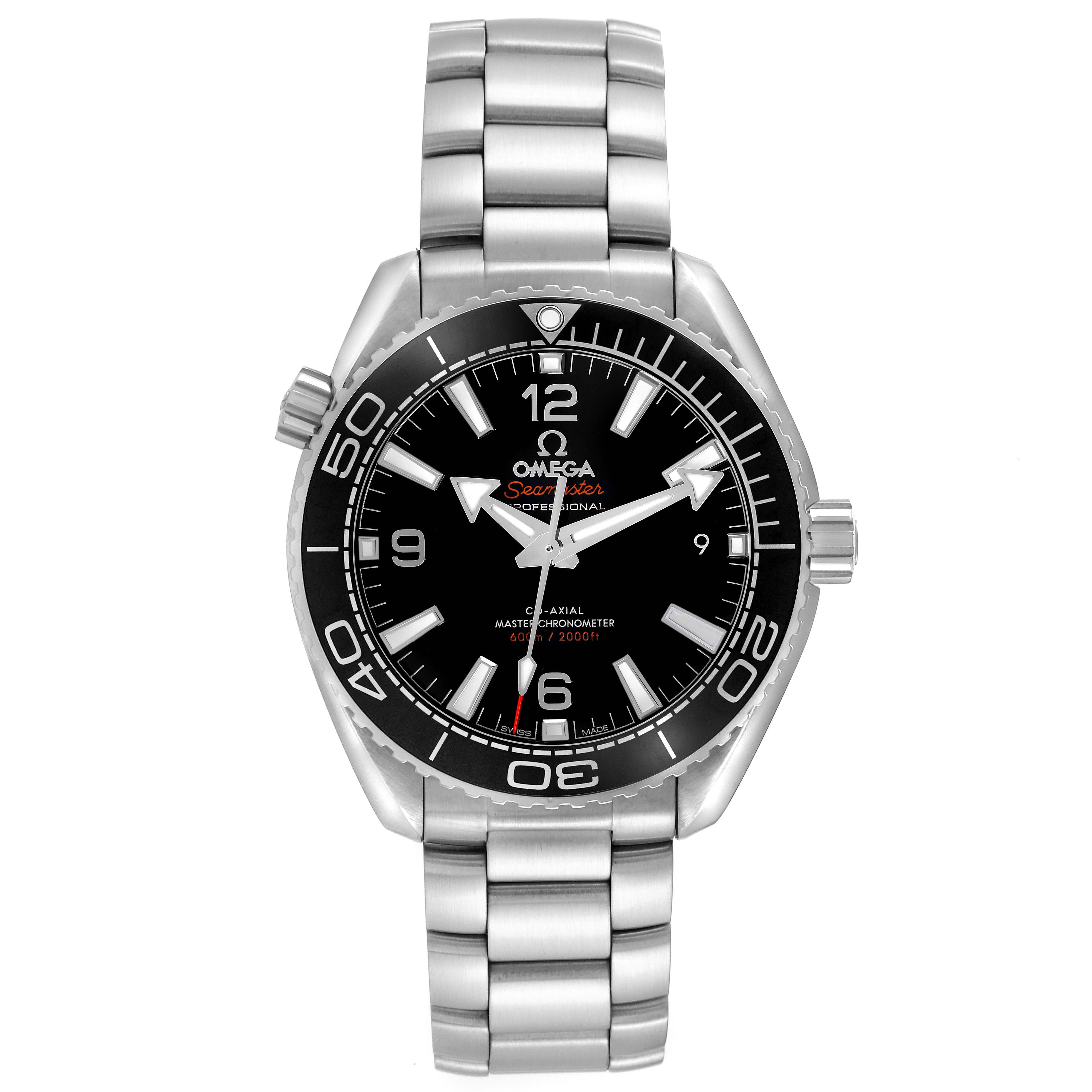 The image shows an Omega Planet Ocean men's watch (model 215.30.40.20.01.001) from the front, highlighting the bezel, face, hands, and stainless steel bracelet.