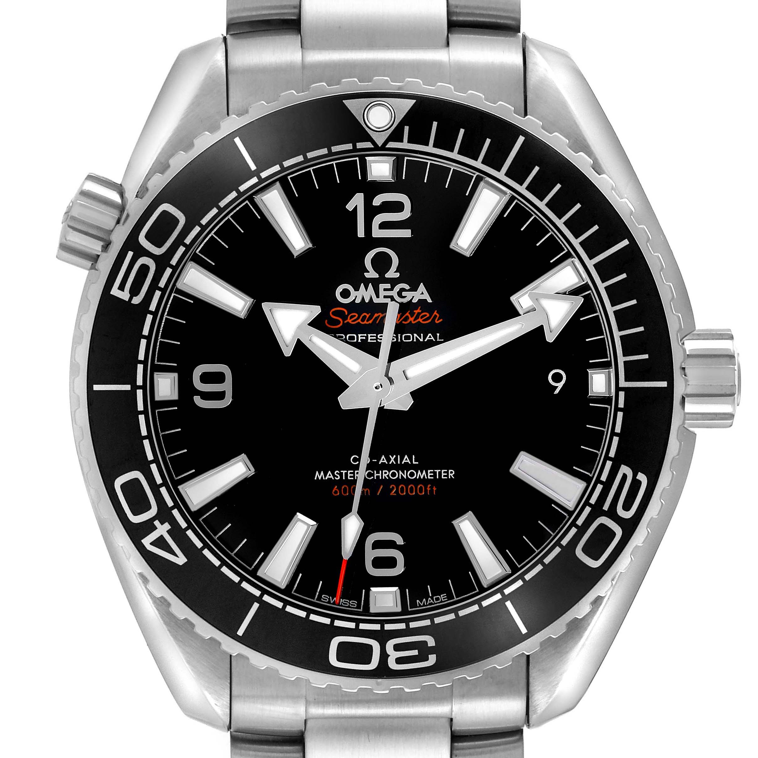 The image shows a front view of the Omega Seamaster Planet Ocean model 215.30.40.20.01.001, highlighting its dial, bezel, and stainless steel case.