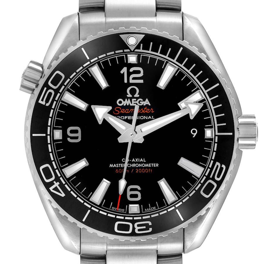 The image shows a front view of the Omega Seamaster Planet Ocean model 215.30.40.20.01.001, highlighting its dial, bezel, and stainless steel case.