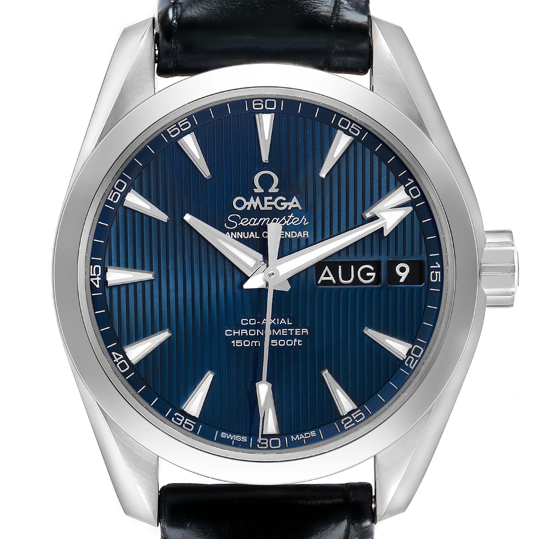 The image shows a front view of the Omega Aqua Terra 231.13.39.22.03.001 Men's Stainless Steel Blue Dial watch, highlighting the blue dial, hands, date window, and black strap.