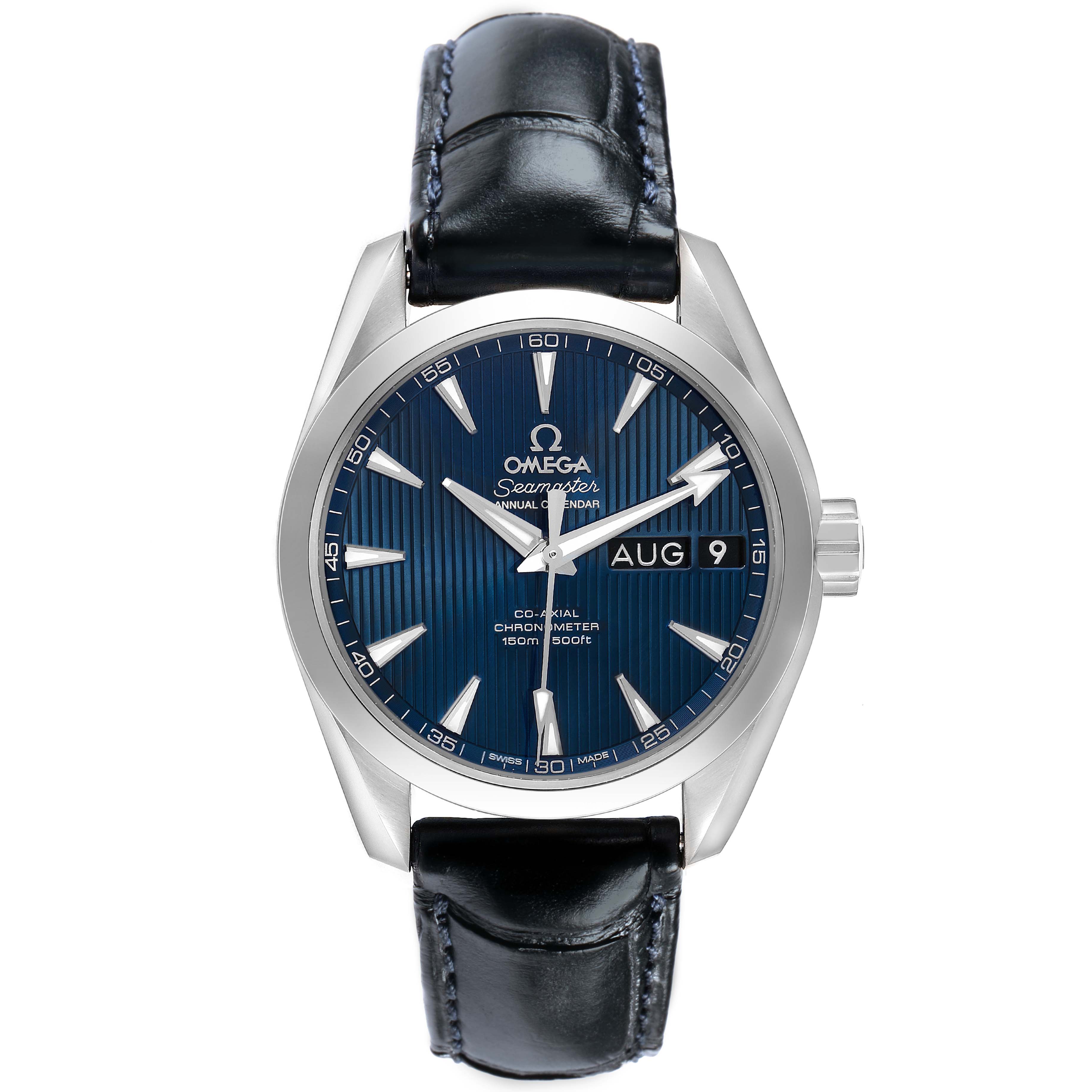 The Omega Aqua Terra 231.13.39.22.03.001 Men's Stainless Steel Blue Dial watch is shown from a front angle, displaying the dial, hands, indices, and leather strap clearly.
