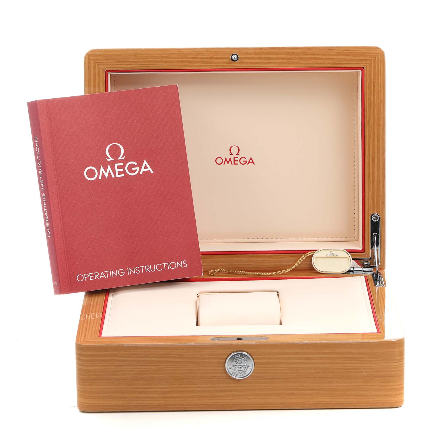 The image shows an Omega Aqua Terra 231.13.39.22.03.001 Men's Stainless Steel Blue Dial watch box with operating instructions and a tag, viewed from the front.
