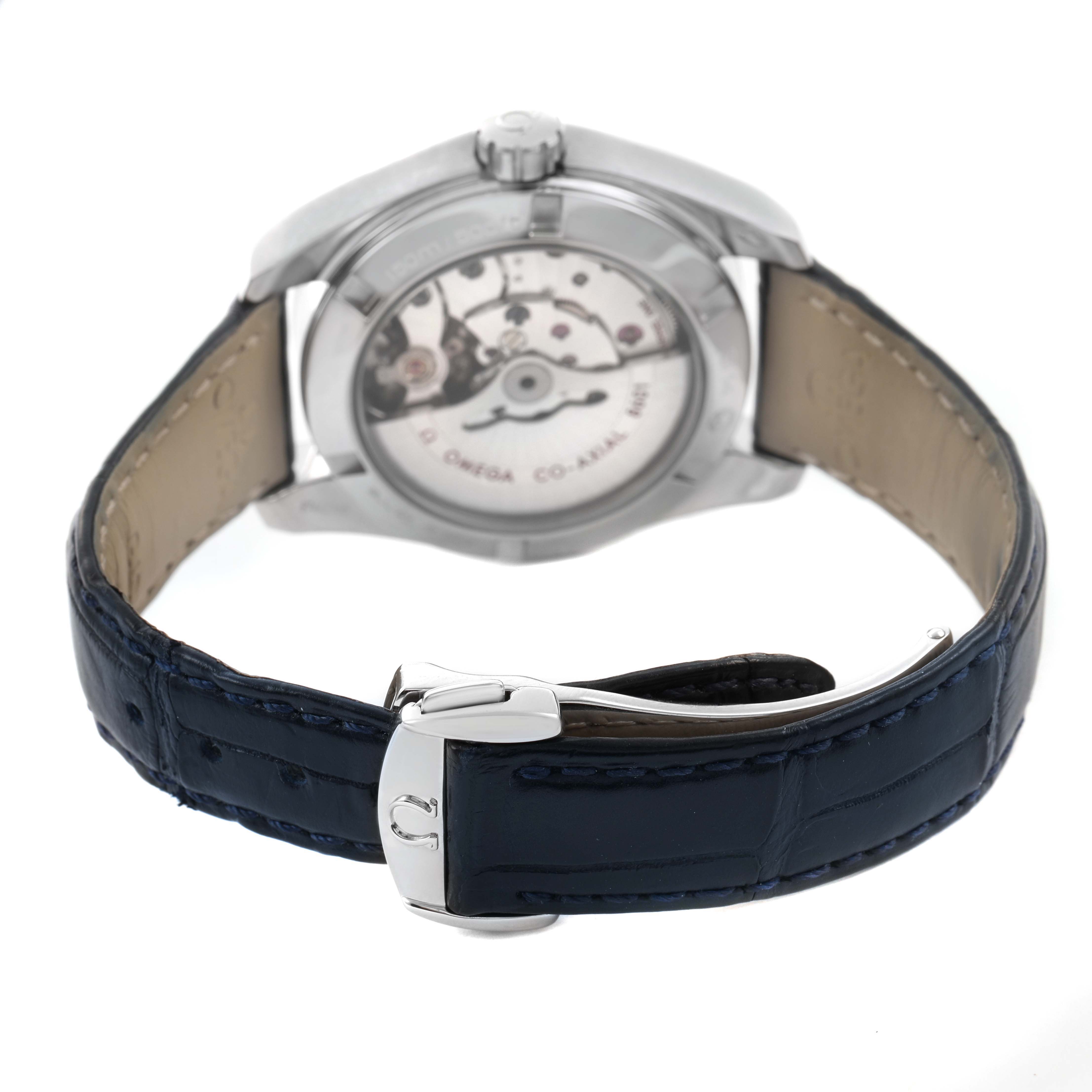 The image shows the back view of the Omega Aqua Terra 231.13.39.22.03.001 Men's Stainless Steel Blue Dial watch, highlighting the movement through the transparent case back and leather strap.