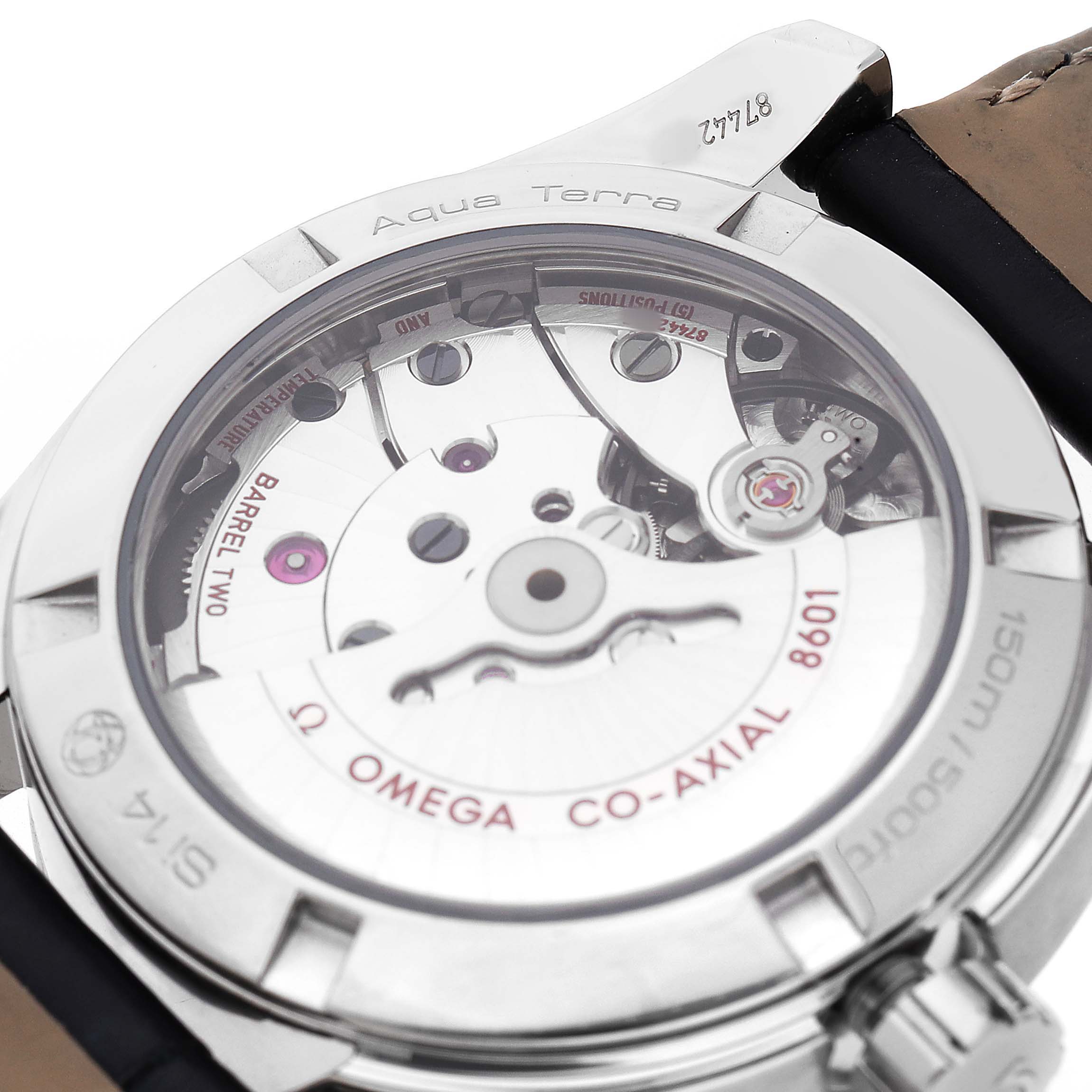 The image shows the back view of the Omega Aqua Terra 231.13.39.22.03.001 Men's Stainless Steel Blue Dial, focusing on its Co-Axial movement.