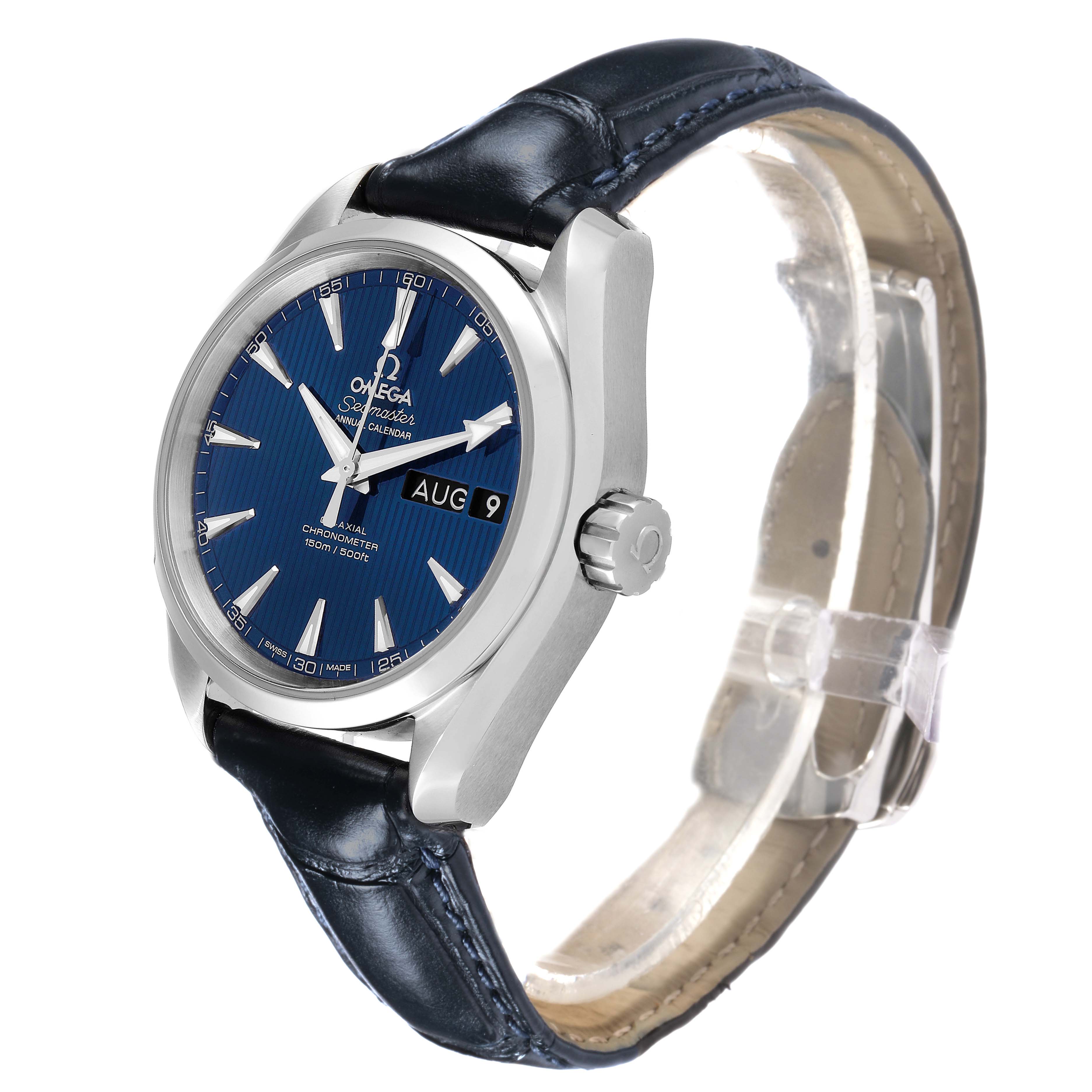 The Omega Aqua Terra 231.13.39.22.03.001 Men's Stainless Steel Blue Dial watch is shown at a front angle, displaying its face, crown, and leather strap.