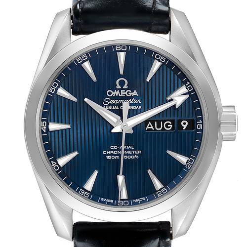 The Omega Aqua Terra 231.13.39.22.03.001 Men's Stainless Steel Blue Dial watch is shown from the front, displaying its blue dial, date window, and hour markers.