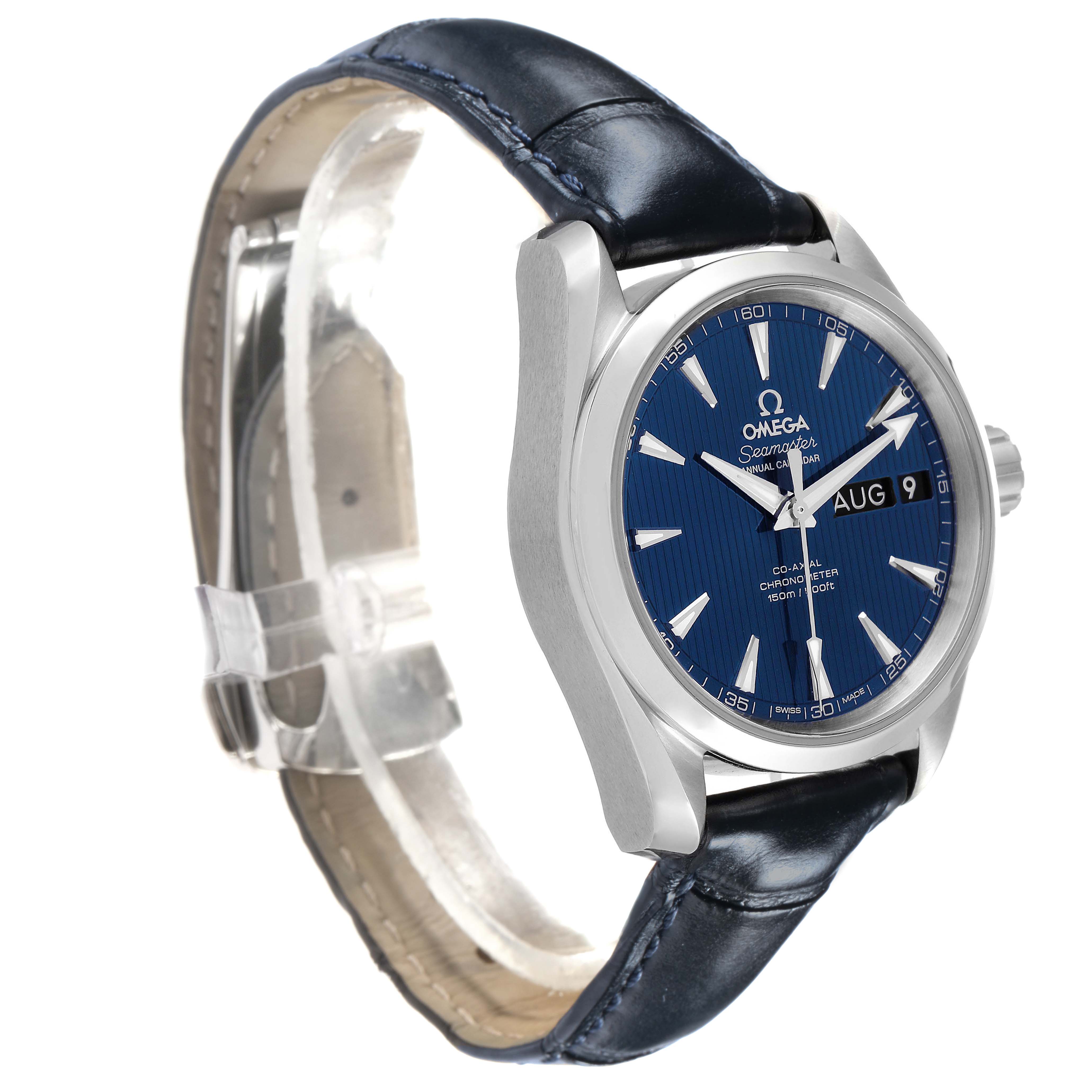 The Omega Aqua Terra 231.13.39.22.03.001 Men's Stainless Steel Blue Dial watch is shown at a three-quarter angle, featuring a blue dial, silver case, and leather strap.