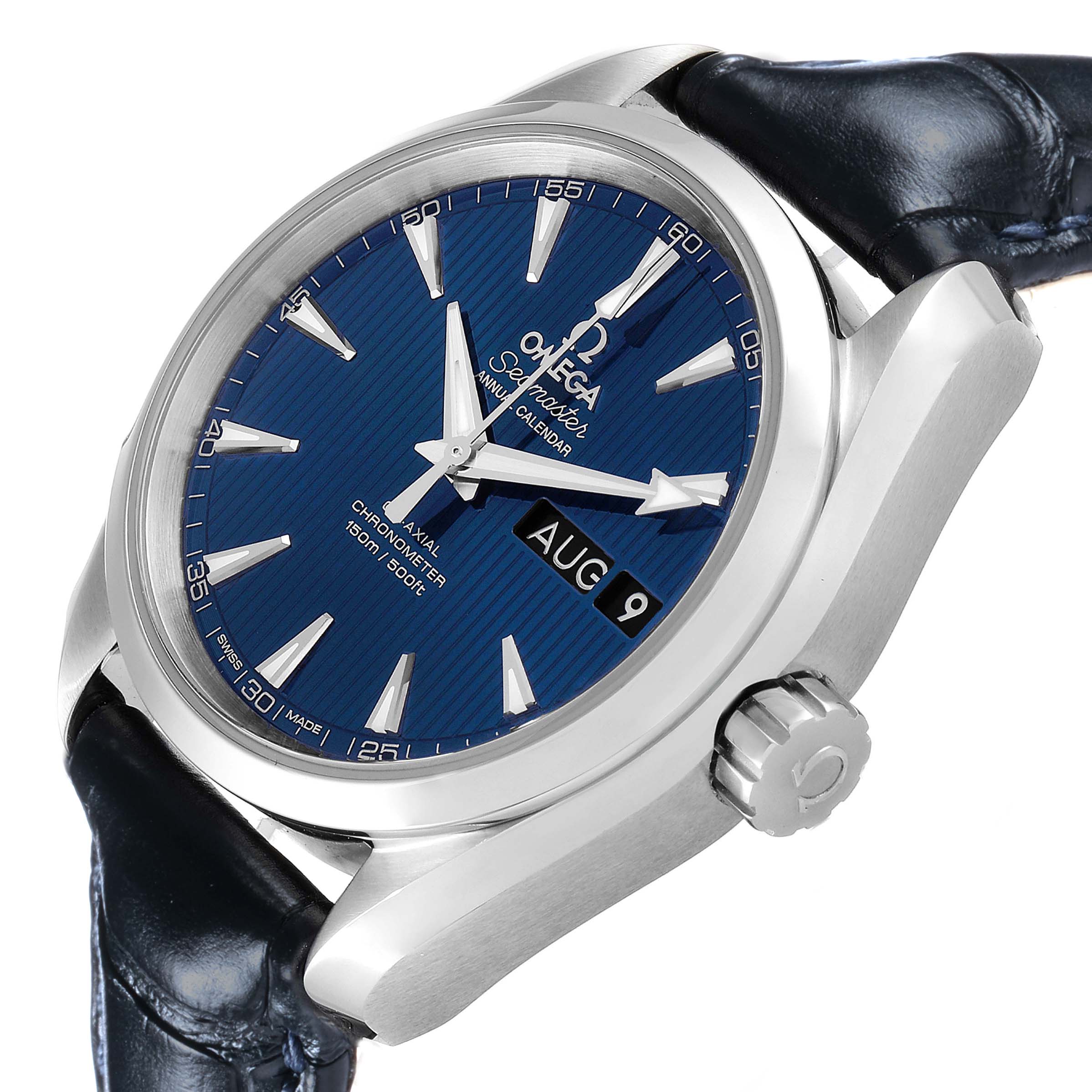 The Omega Aqua Terra 231.13.39.22.03.001 Men's Stainless Steel Blue Dial watch is shown at a side angle, highlighting the face, crown, and partially the leather strap.