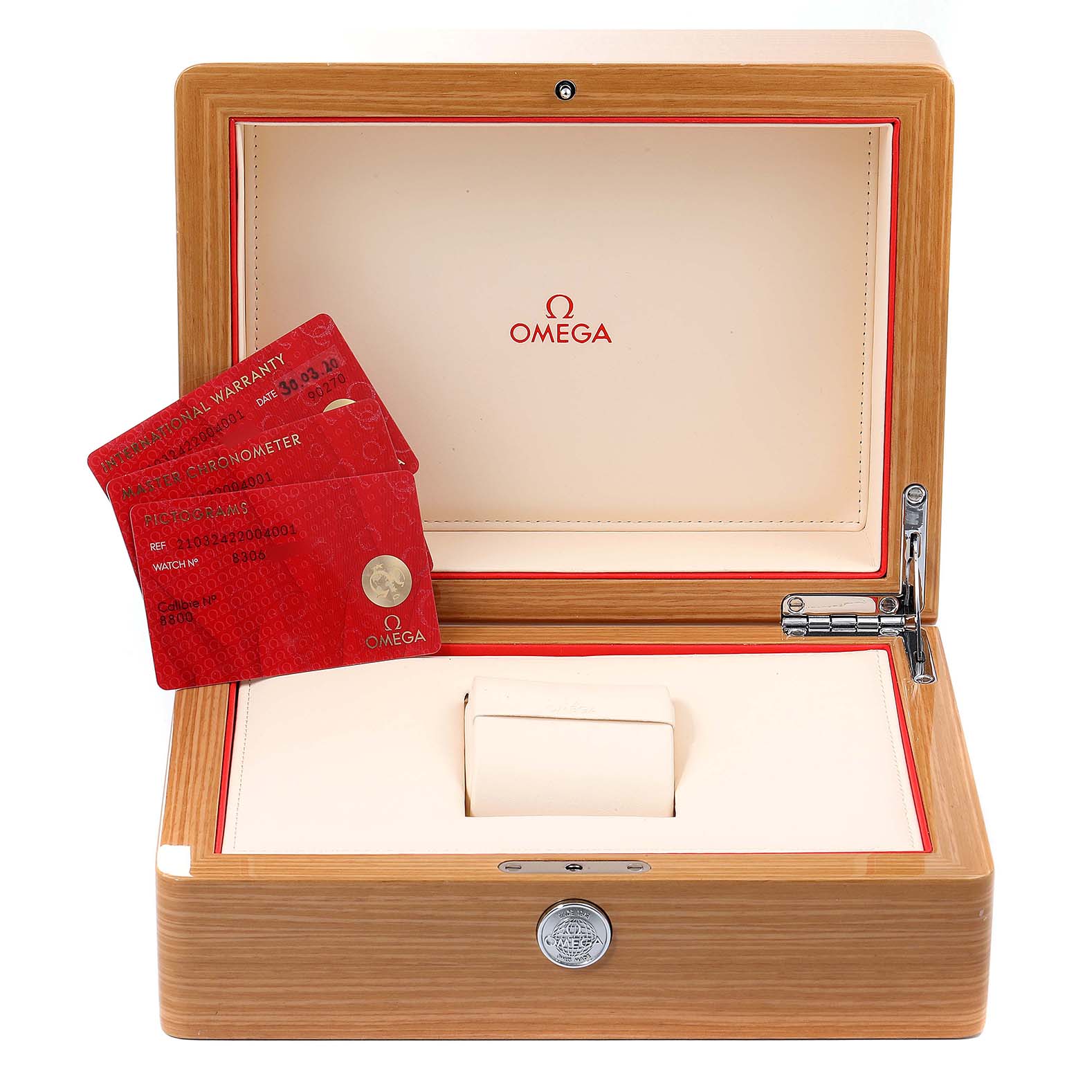 The image shows an open Omega Seamaster 210.32.42.20.04.001 Men's Stainless Steel White Dial 210.32.42.20.04.001 Men's Stainless Steel White Dial watch box and warranty cards.