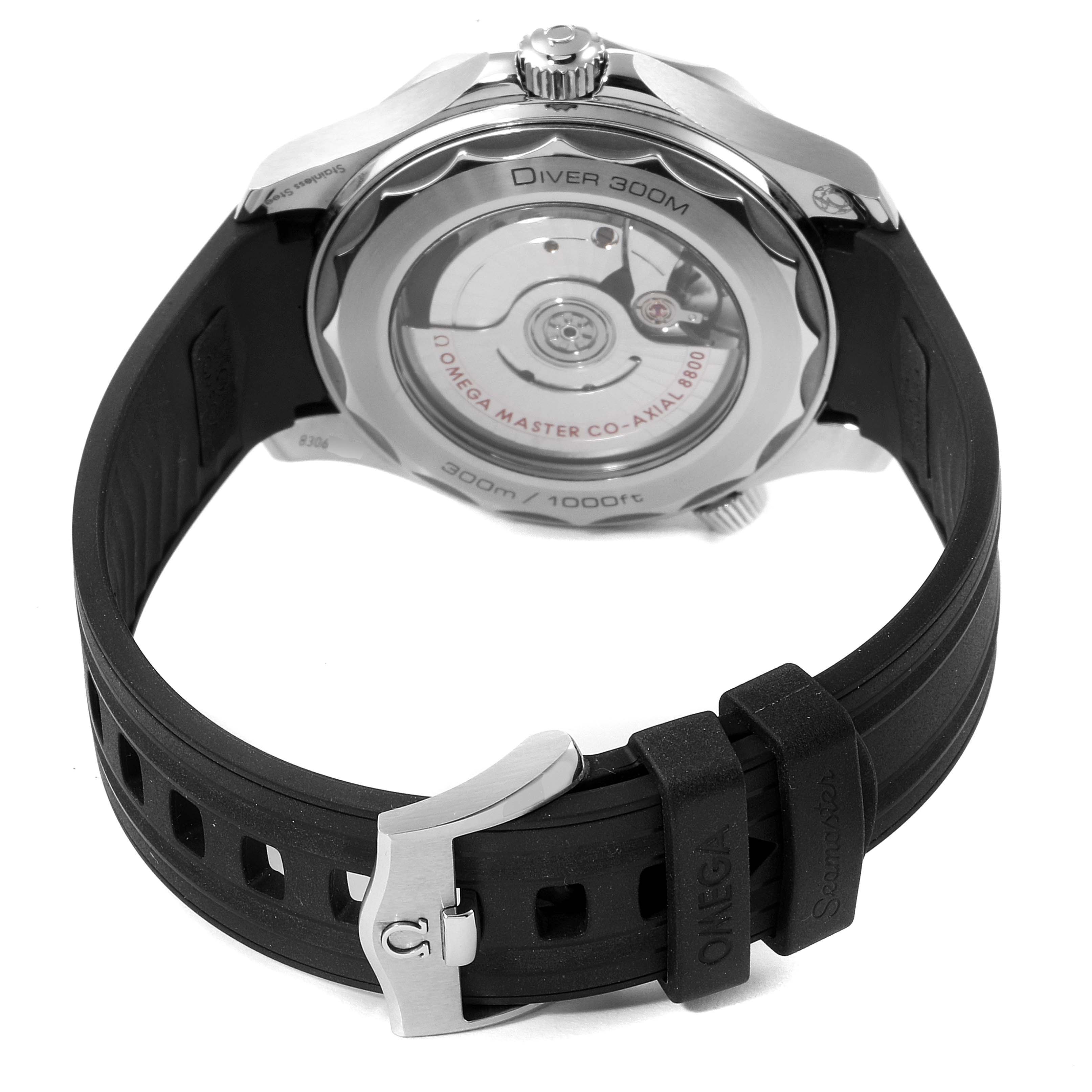 The image shows the back of the Omega Seamaster 210.32.42.20.04.001 Men's Stainless Steel White Dial 210.32.42.20.04.001 Men's Stainless Steel White Dial watch, featuring its transparent case back, black strap, and buckle.