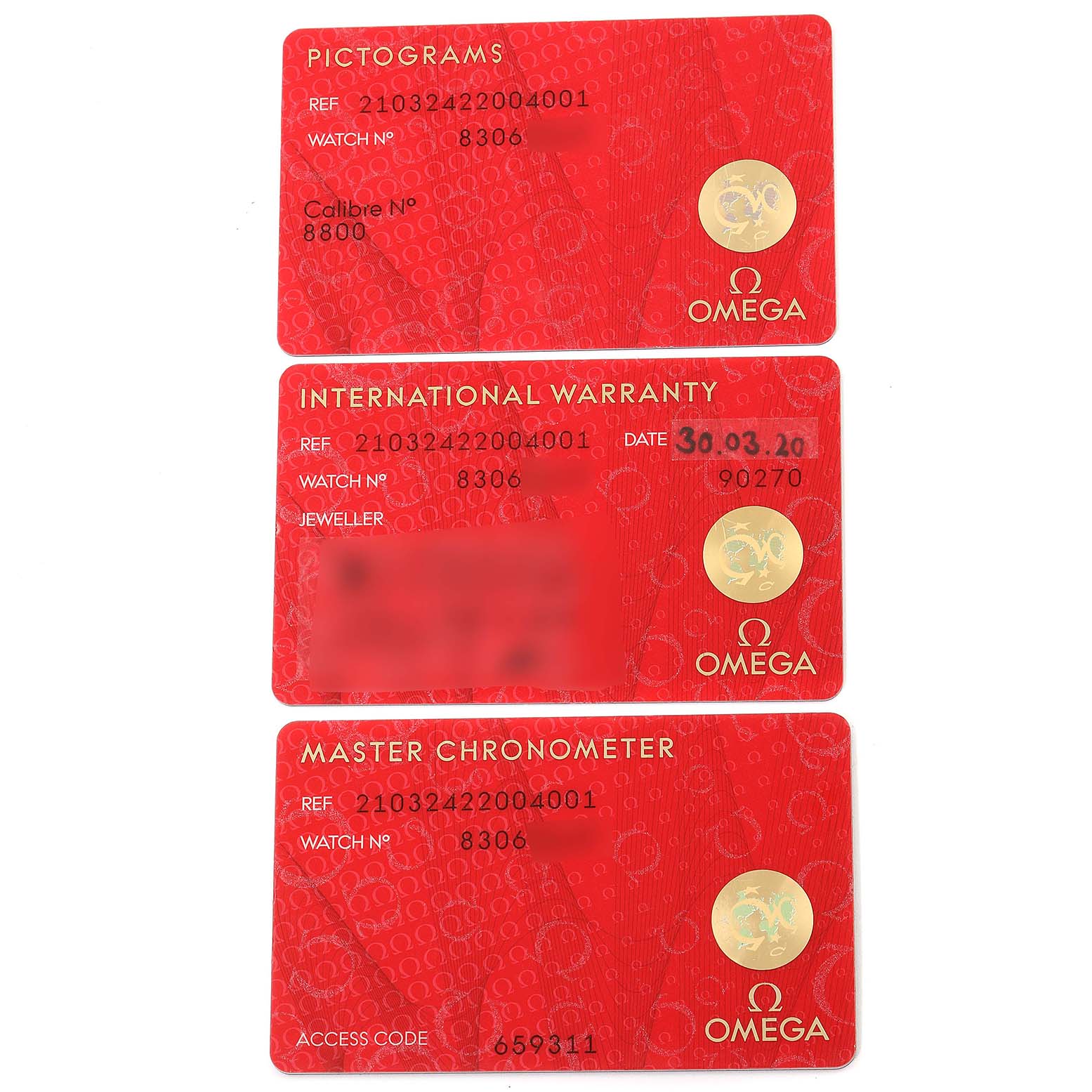 The image shows the Pictograms, International Warranty, and Master Chronometer cards for an Omega Seamaster 210.32.42.20.04.001 Men's Stainless Steel White Dial 210.32.42.20.04.001 Men's Stainless Steel White Dial watch.