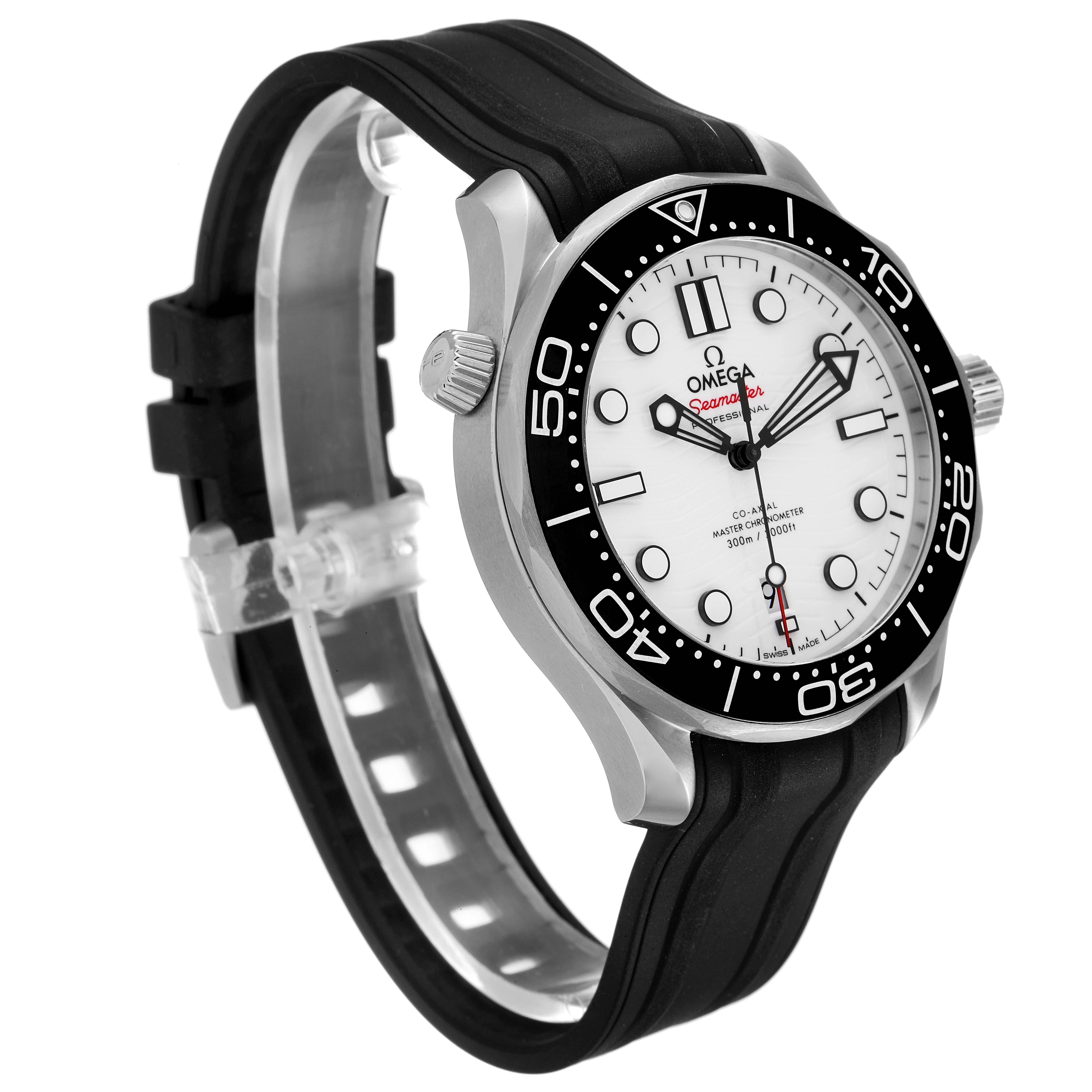 The image shows an Omega Seamaster 210.32.42.20.04.001 Men's Stainless Steel White Dial 210.32.42.20.04.001 Men's Stainless Steel White Dial watch at an angle, highlighting its face, bezel, crown, and black rubber strap.