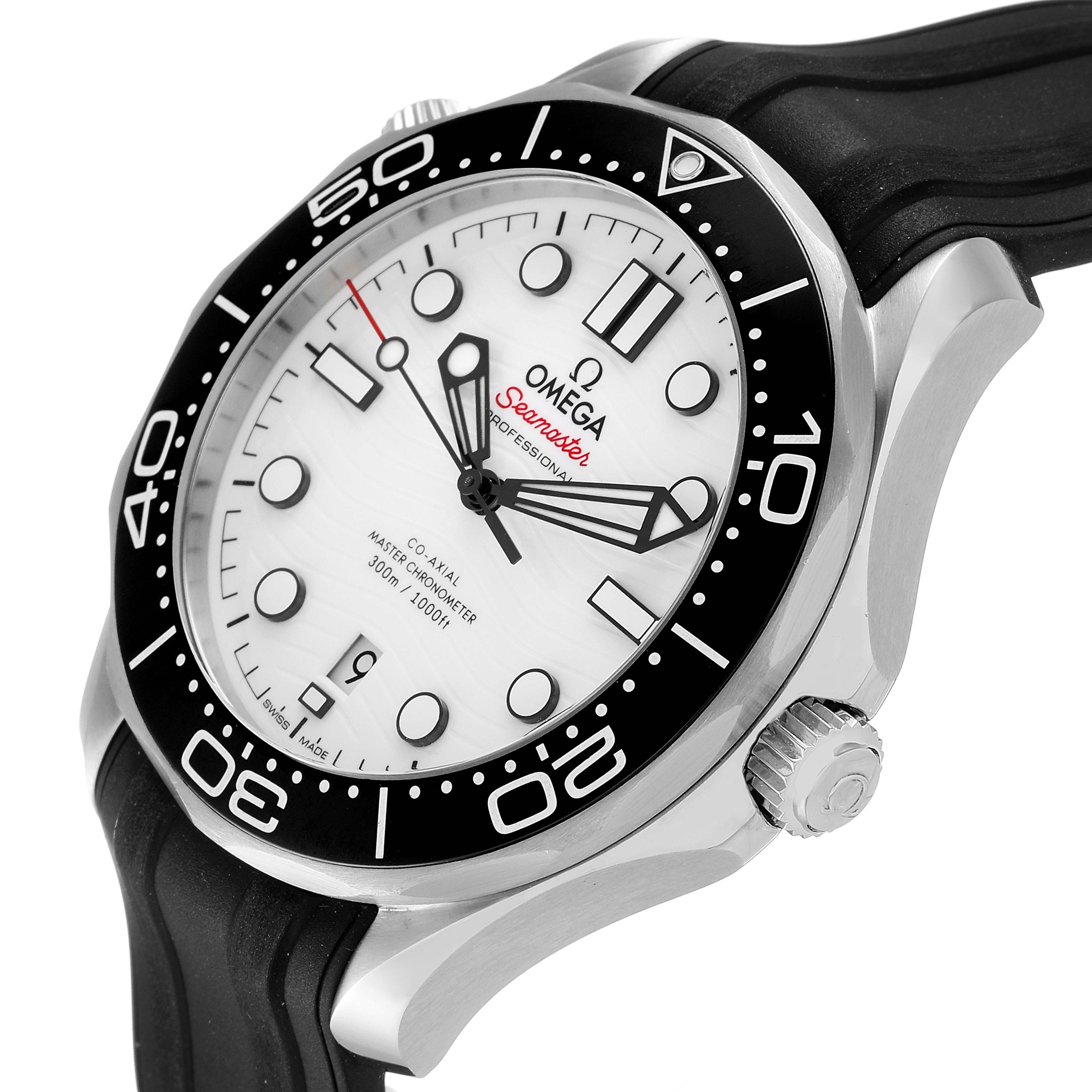 The image shows an Omega Seamaster 210.32.42.20.04.001 Men's Stainless Steel White Dial 210.32.42.20.04.001 Men's Stainless Steel White Dial watch at an angled close-up, highlighting the dial, bezel, and crown.