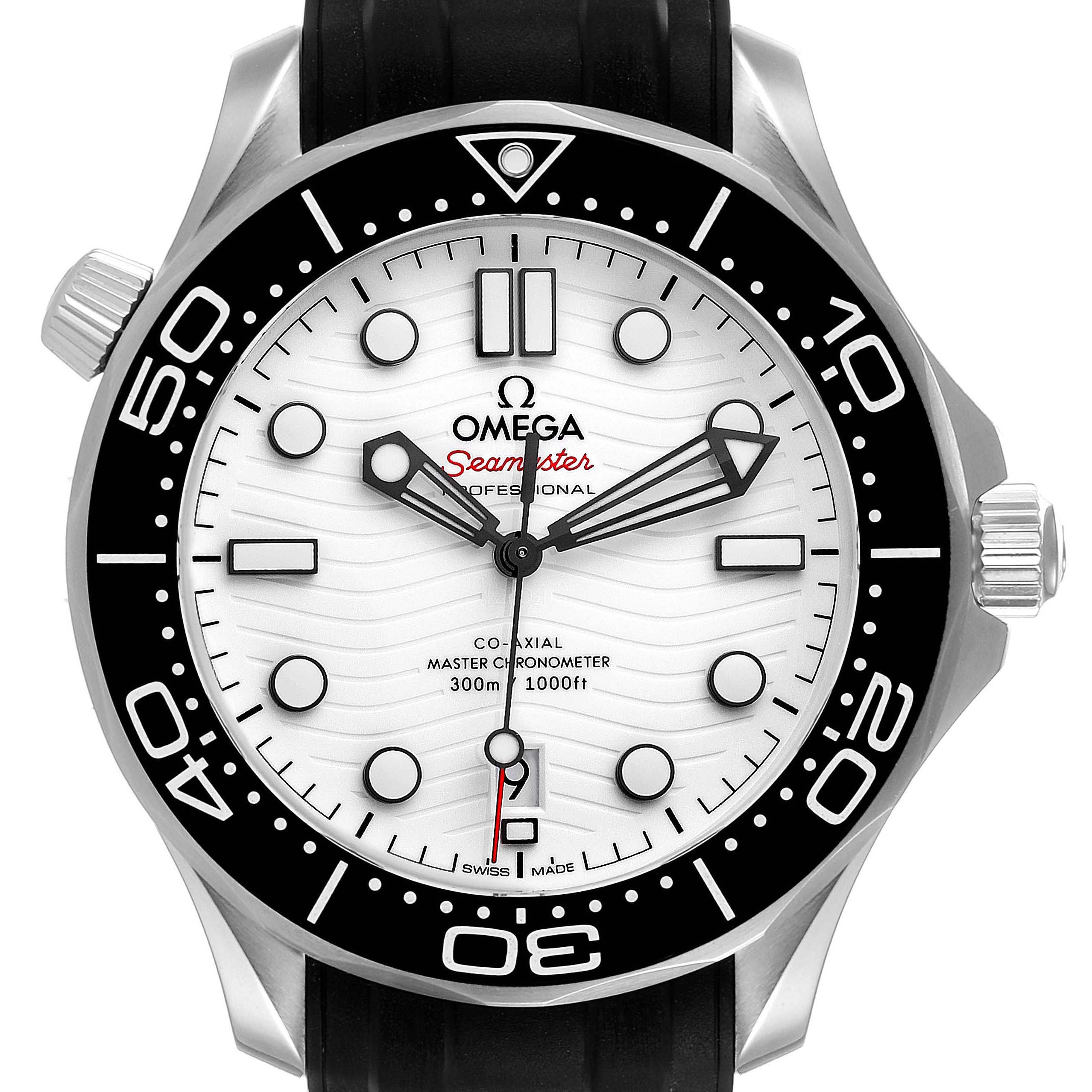 The image shows a front view of the Omega Seamaster 210.32.42.20.04.001 Men's Stainless Steel White Dial 210.32.42.20.04.001 Men's Stainless Steel White Dial watch, displaying its dial, bezel, and crown.