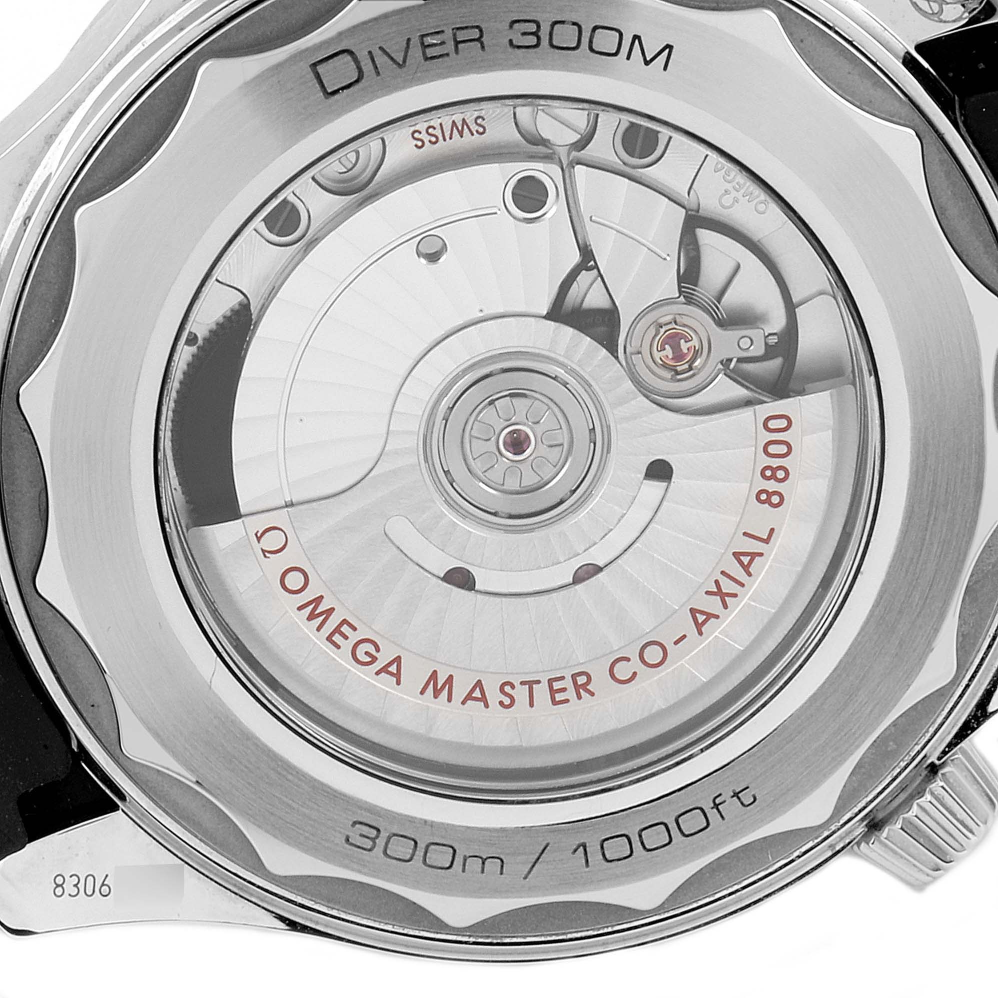 This image shows the back case of an Omega Seamaster 210.32.42.20.04.001 Men's Stainless Steel White Dial 210.32.42.20.04.001 Men's Stainless Steel White Dial Diver 300M, highlighting the co-axial 8800 movement.