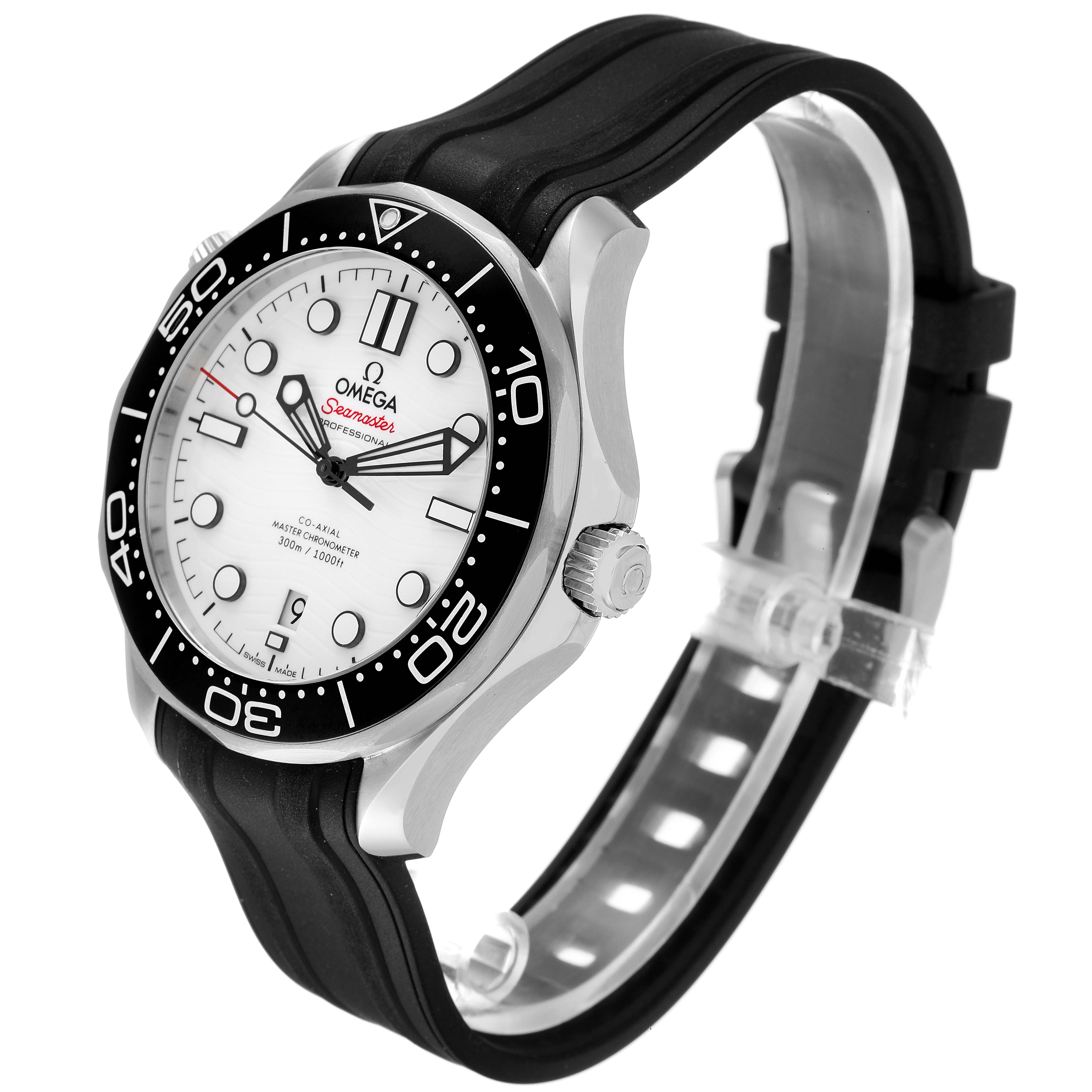 This image shows an Omega Seamaster 210.32.42.20.04.001 Men's Stainless Steel White Dial 210.32.42.20.04.001 Men's Stainless Steel White Dial watch from a front-left angle, highlighting its bezel, dial, and rubber strap.