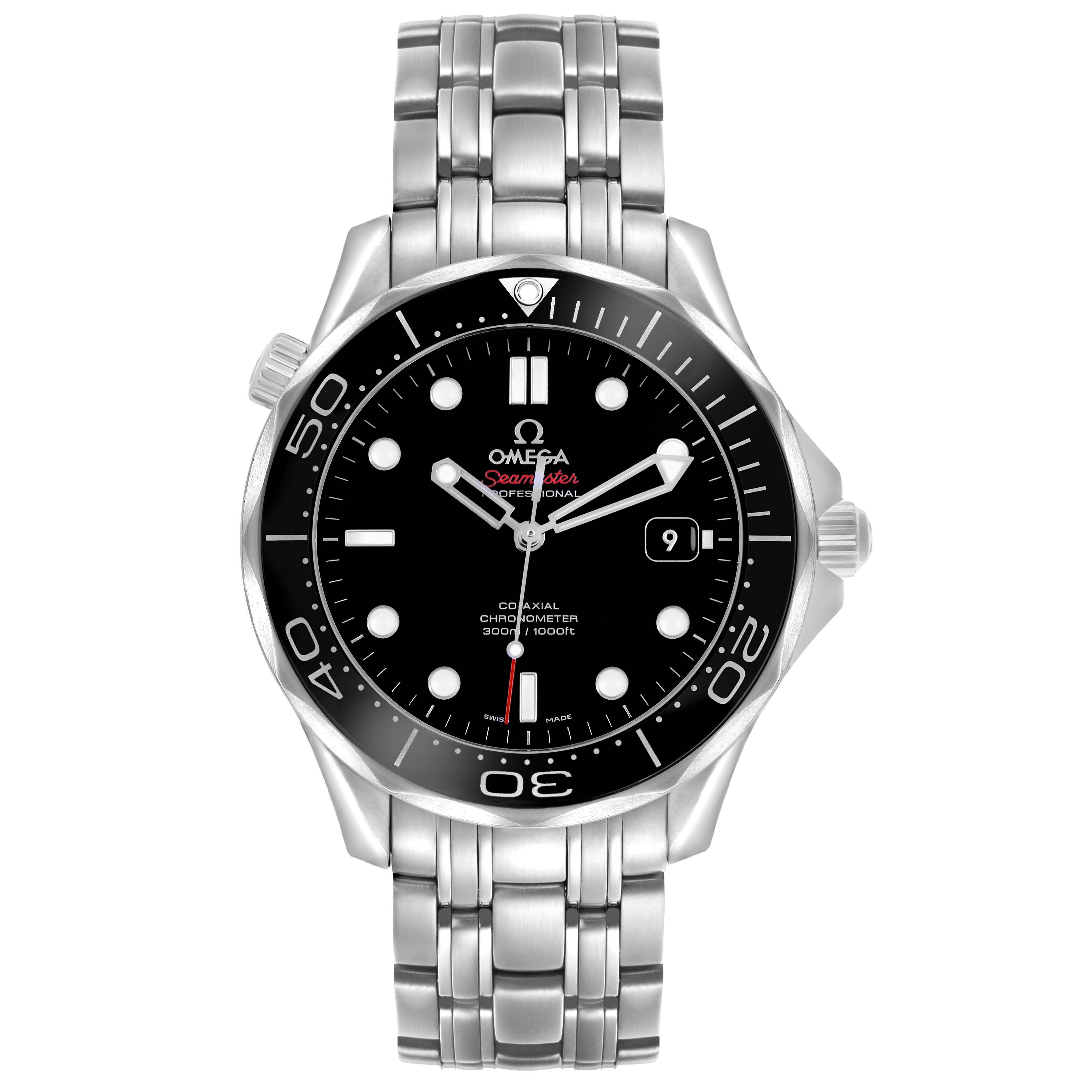 The Omega Seamaster 212.30.41.20.01.003 Men's Stainless Steel Black Dial watch is shown from the front, displaying the face, bezel, and bracelet.
